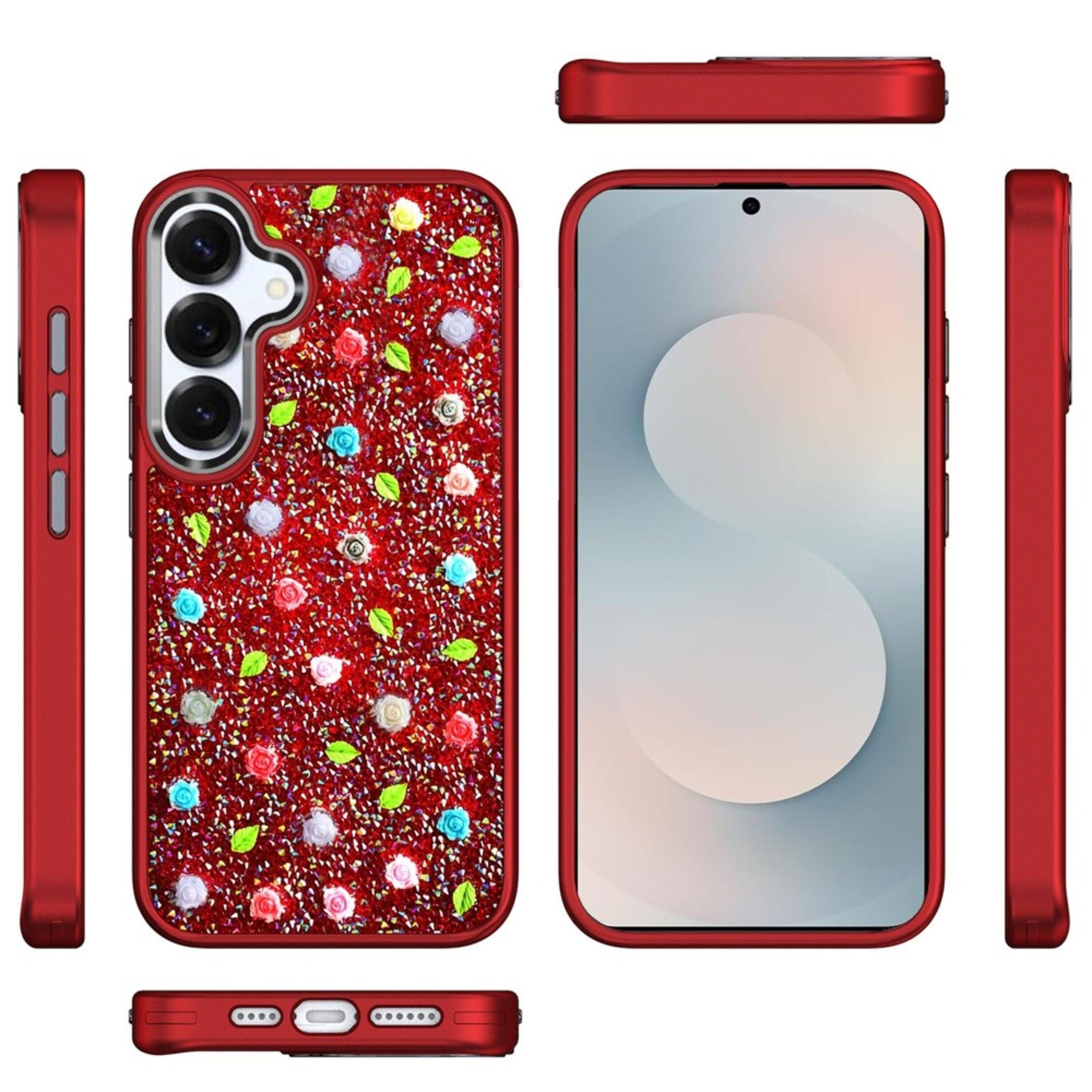 Angle. Kitcheniva - Diamond Rose Glitter Case With Tempered Glass For Samsung S25 FE Red - Red.