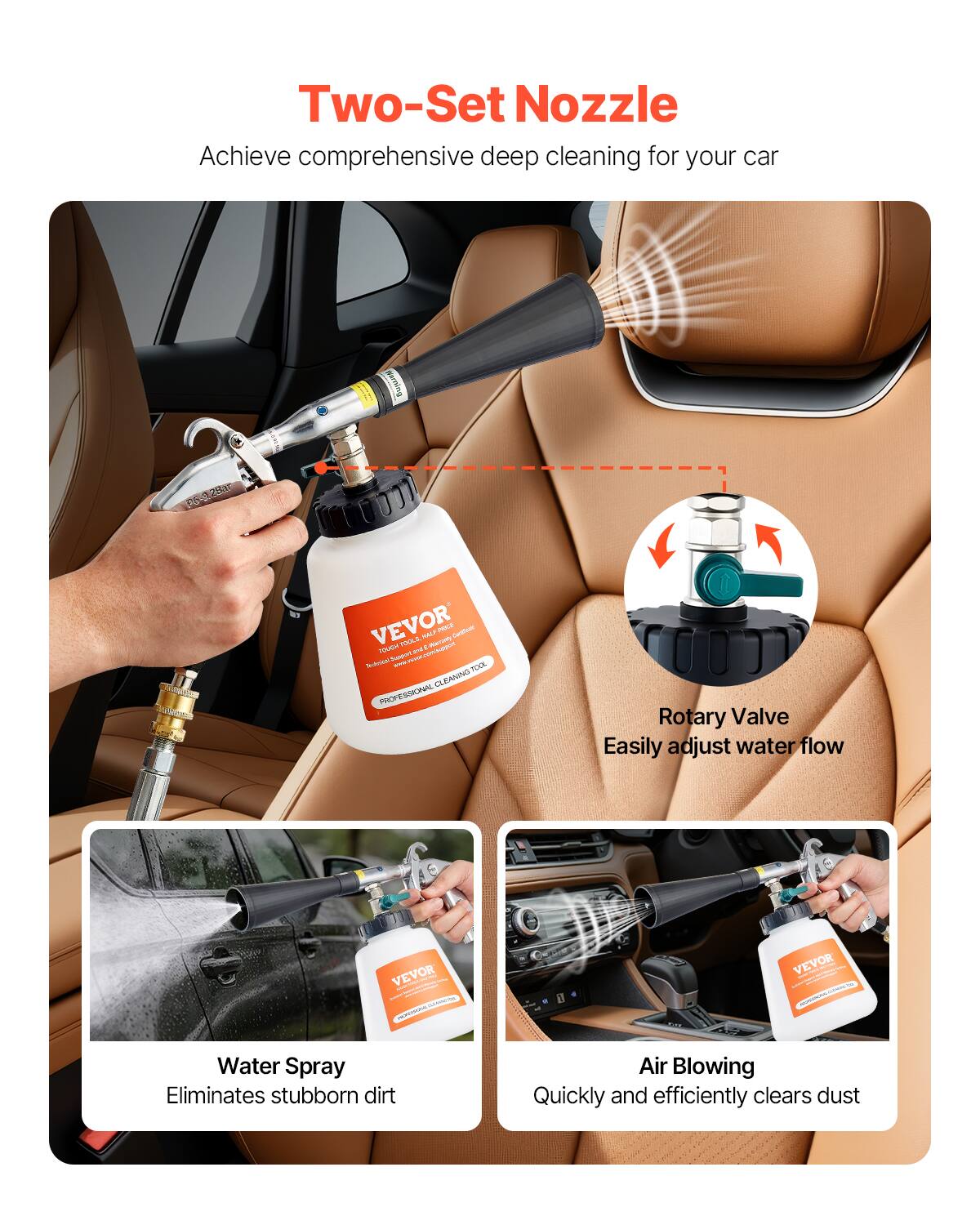 Two-Set Nozzle Achieve comprehensive deep cleaning for your car. 

- Rotary Valve: Easily adjust water flow.
- Water Spray: Eliminates stubborn dirt.
- Air Blowing: Quickly and efficiently clears dust.