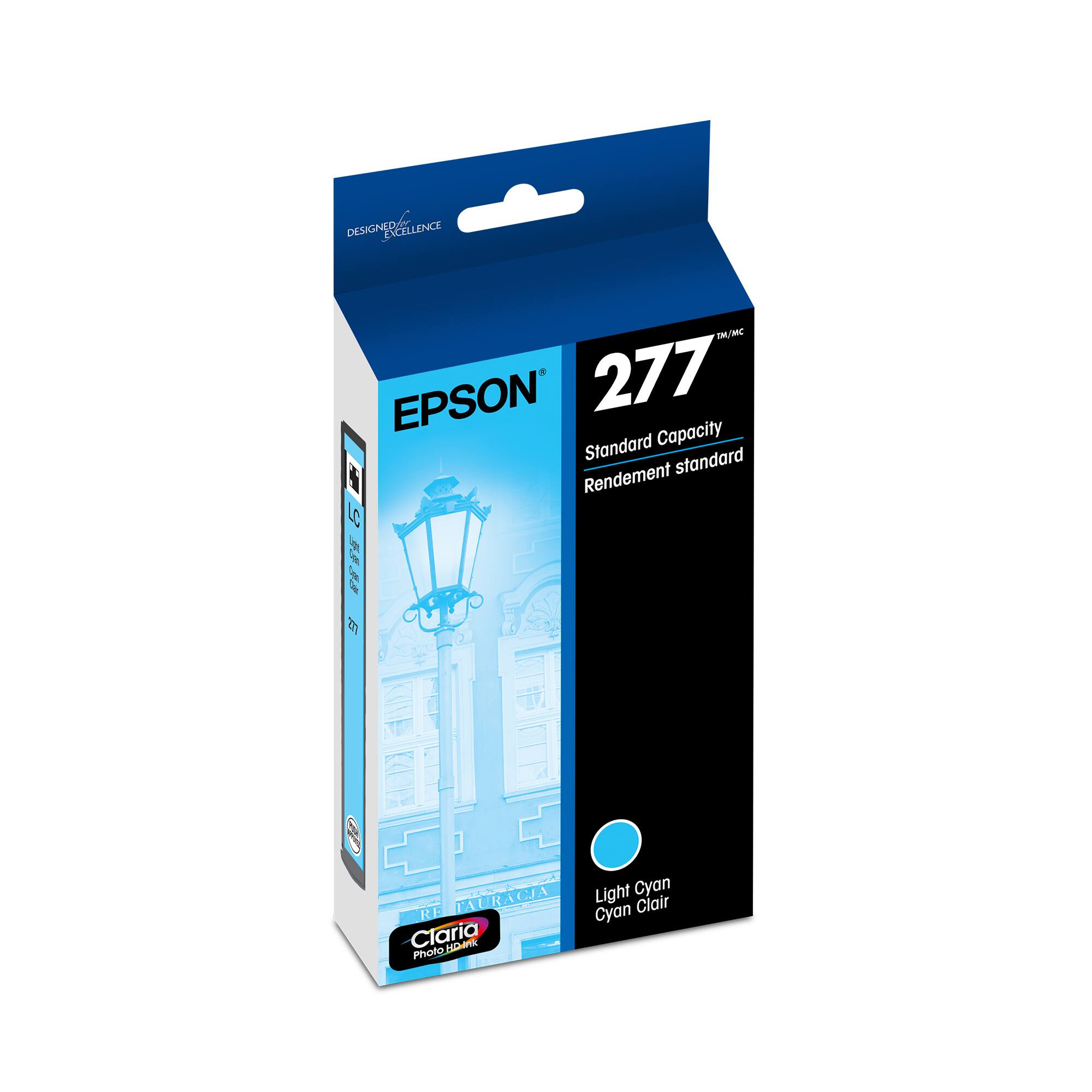EPSON  
277  
Standard Capacity  
Rendement standard  

Light Cyan  
Cyan Clair  

Claria  
Photo HD Ink  

DESIGNED FOR EXCELLENCE