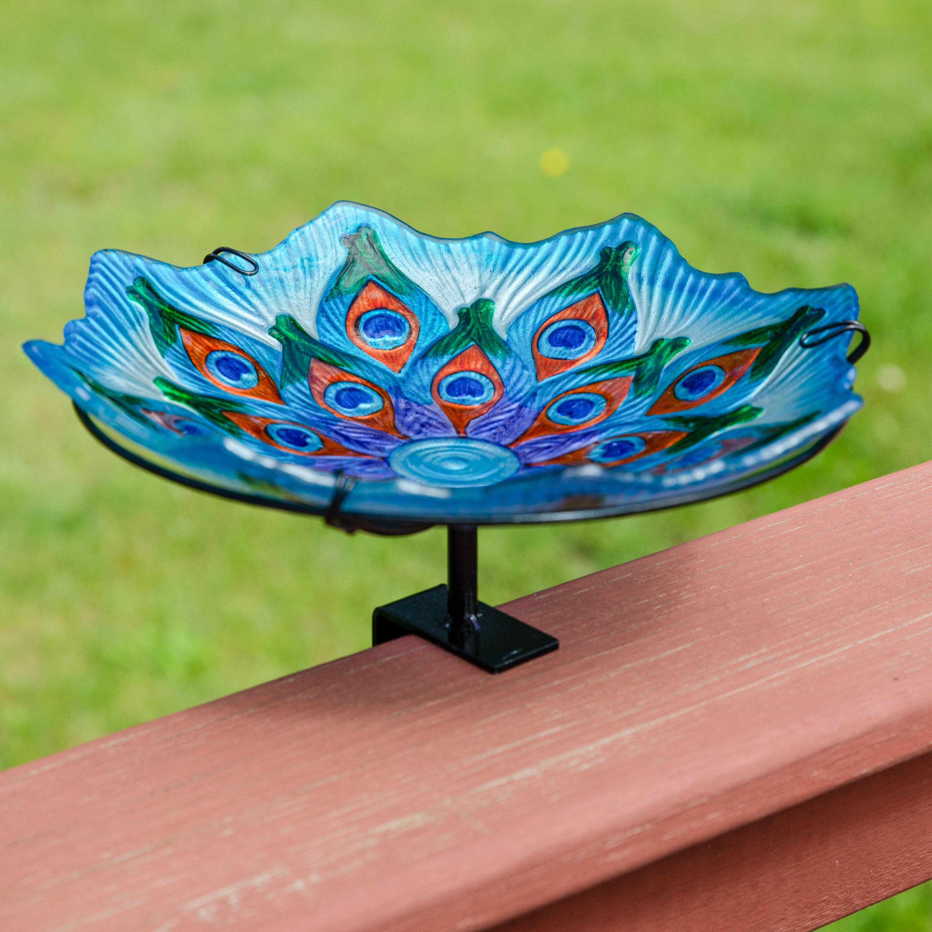 Alt View 1. Sunnydaze - Deck-Mounted/Staked Glass Bird Bath - Exquisite Feathers.