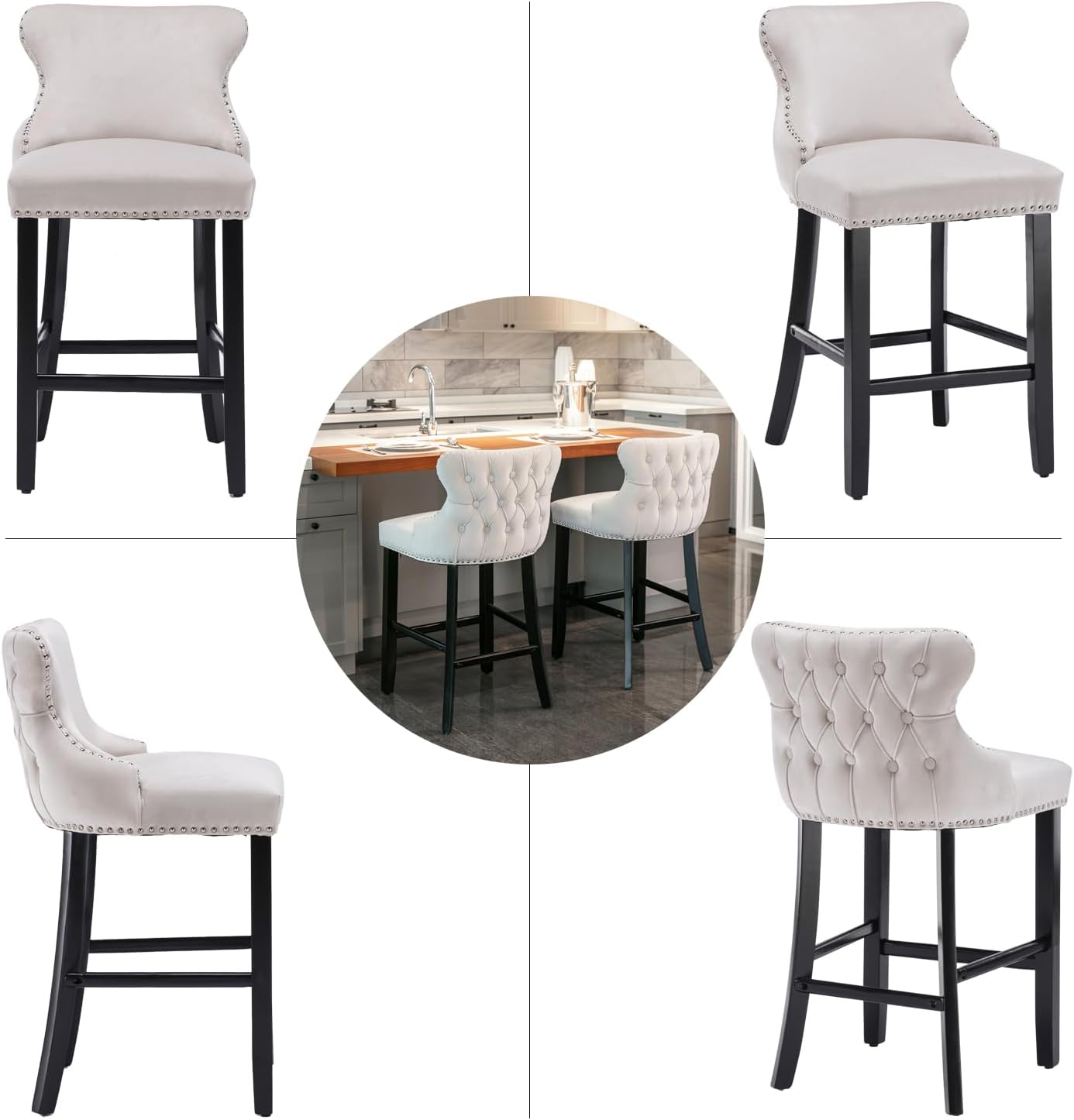 Alt View 5. Trinkets Crazed - Contemporary Velvet Upholstered Wing-Back Barstools with Button Tufted Decoration and Wooden Legs - beige.