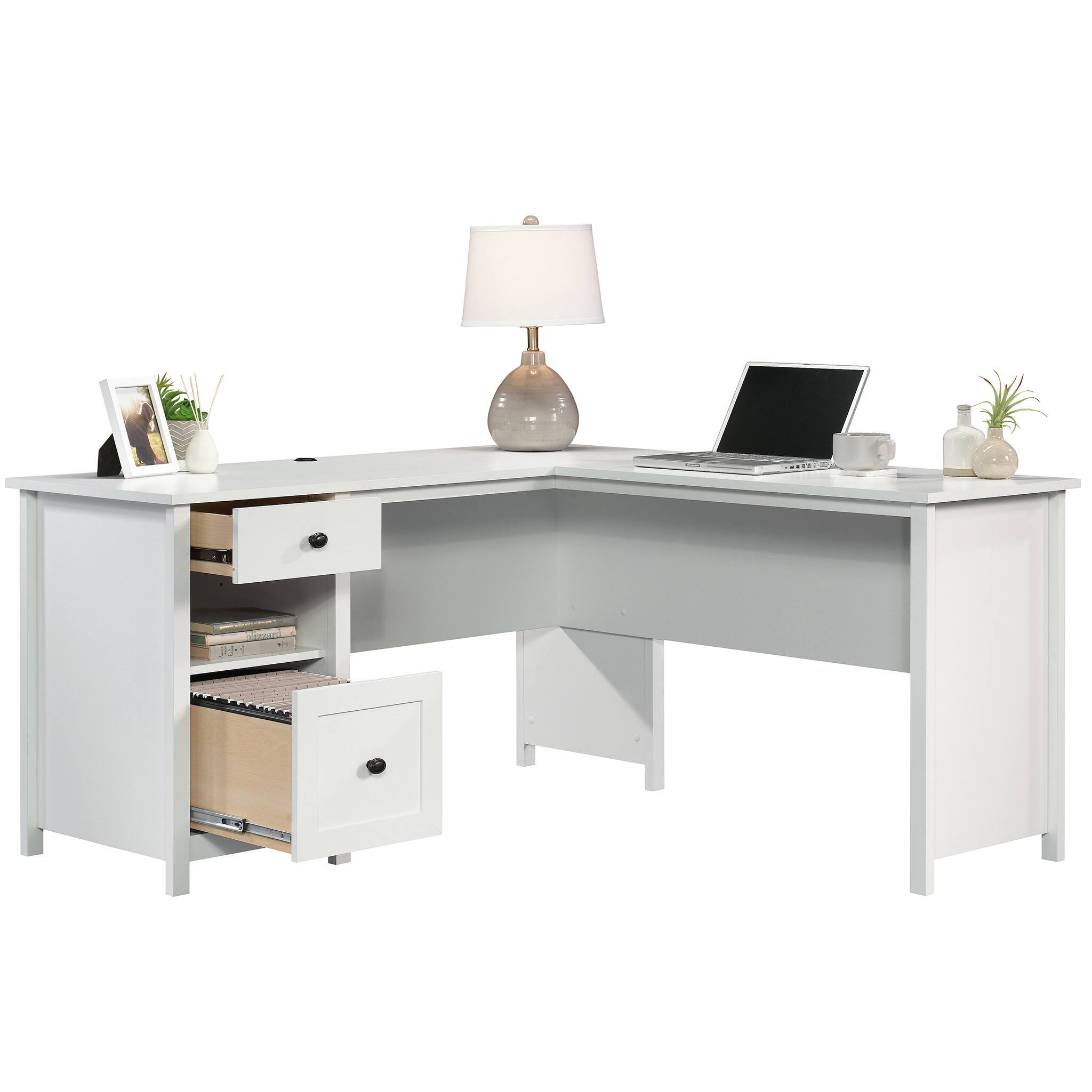 Angle. Spaco - 61x59" L-Shaped Computer Desk, White, 2 Drawers with File Storage - White.