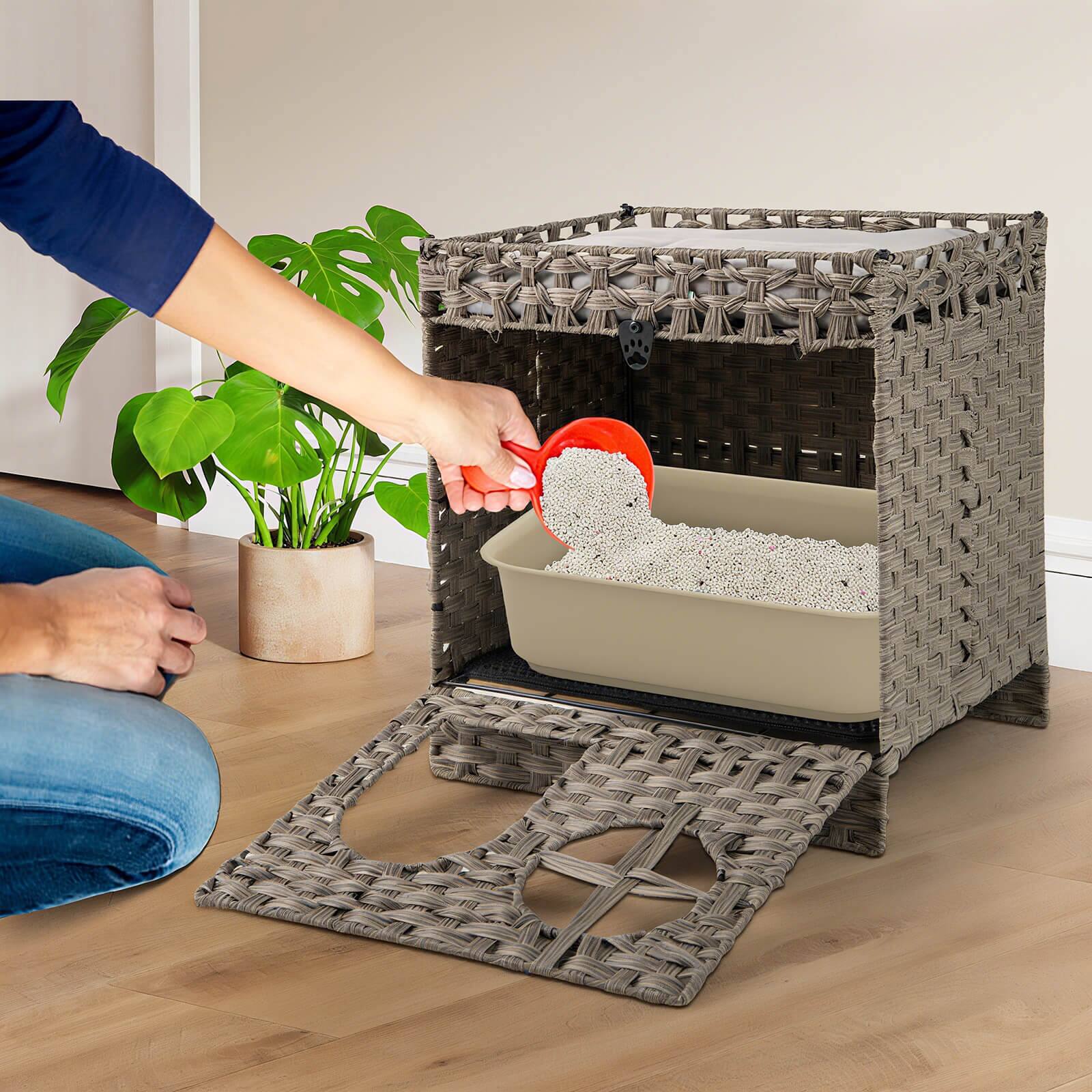 Alt View 3. Costway - Costway Foldable 2-tier Rattan Cat Litter Box Enclosure with Litter Mat Indoor Pet House - Gray.