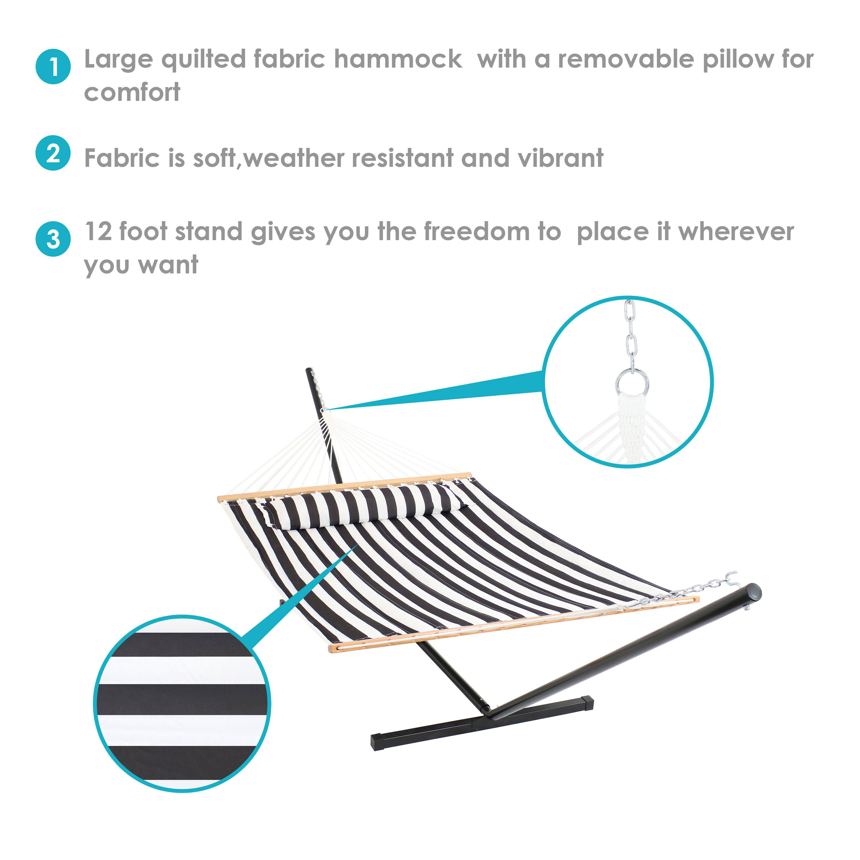 1. Large quilted fabric hammock with a removable pillow for comfort  
2. Fabric is soft, weather resistant, and vibrant  
3. 12 foot stand gives you the freedom to place it wherever you want