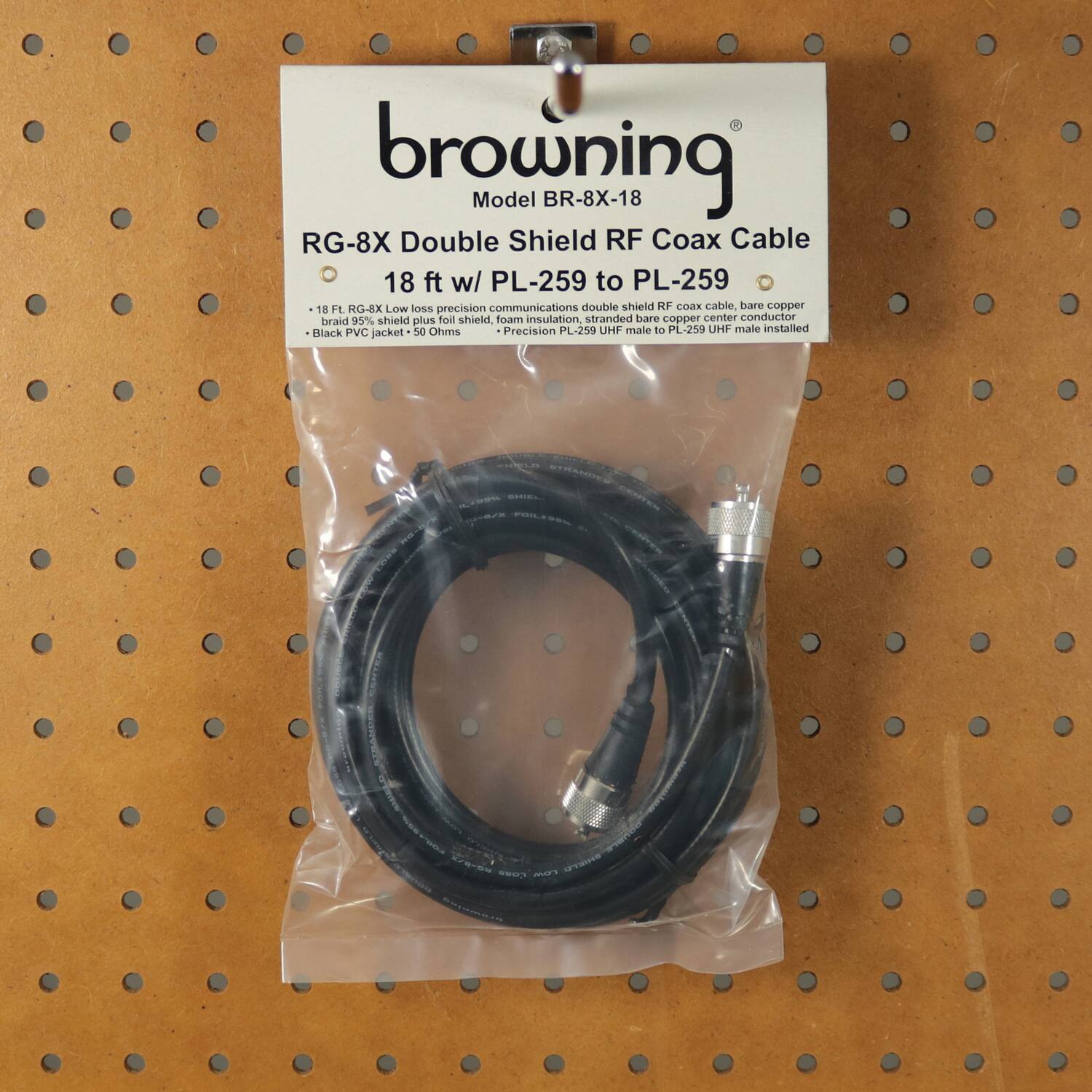 Browning Model BR-8X-18 RG-8X Double Shield RF Coax Cable 18 ft w/ PL-259 to PL-259 18 Ft RG-8X Low Loss Precision Communications Double Shield HF Coax Cable, Bare Copper 15% Shield Plus Foil Shield Foam Insulation, Stranded Bare Copper Center Conductor Braid DS Ohms Precision PL-259 UHF Male to PL-259 UHF Male Installed, Black PVC Jacket