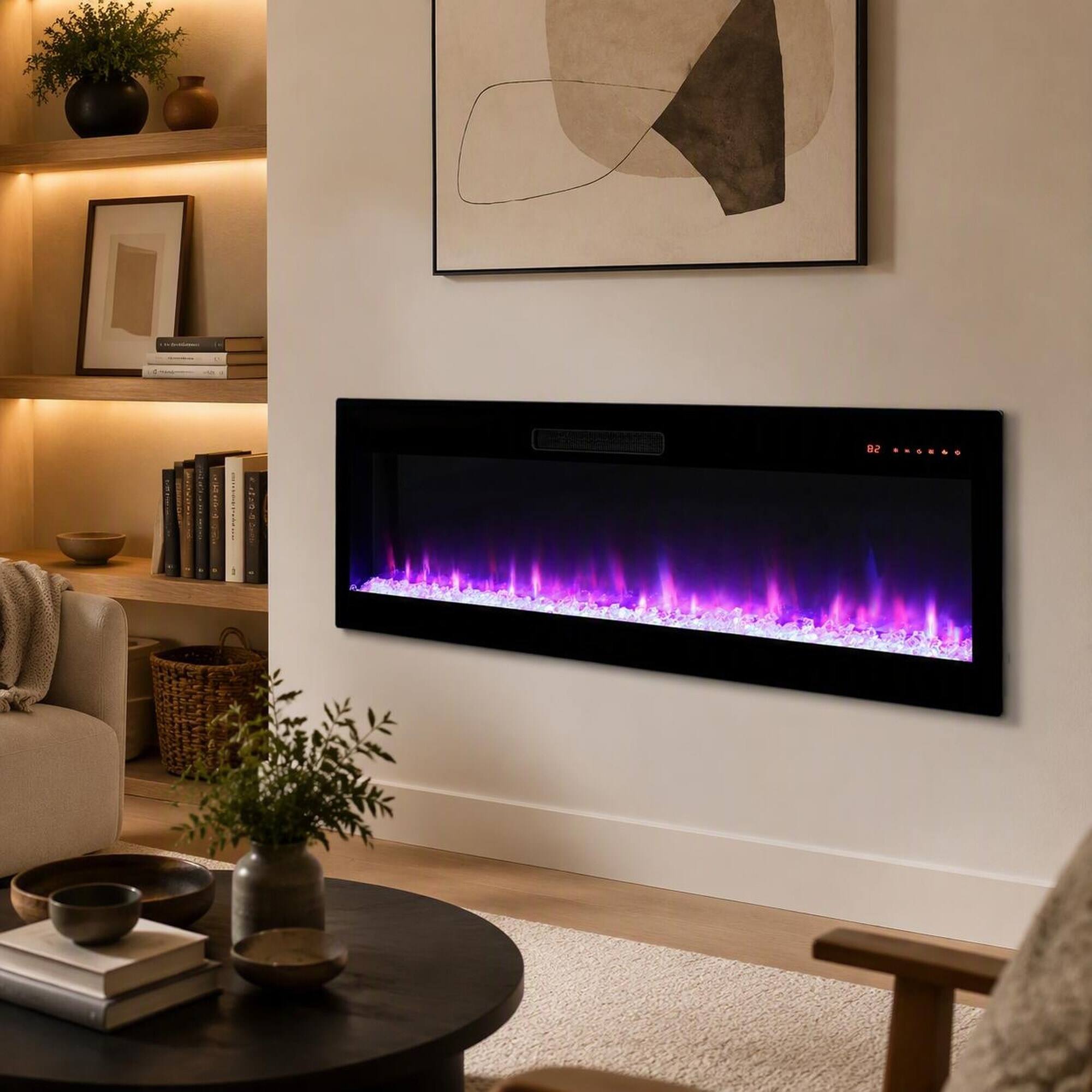 Left. RYHNUYNE - 60 Inch Smart WiFi Enabled Electric Fireplace Heater, Recessed In Wall Wall Mounted For Modern Home Warm Decor - Antique Black.