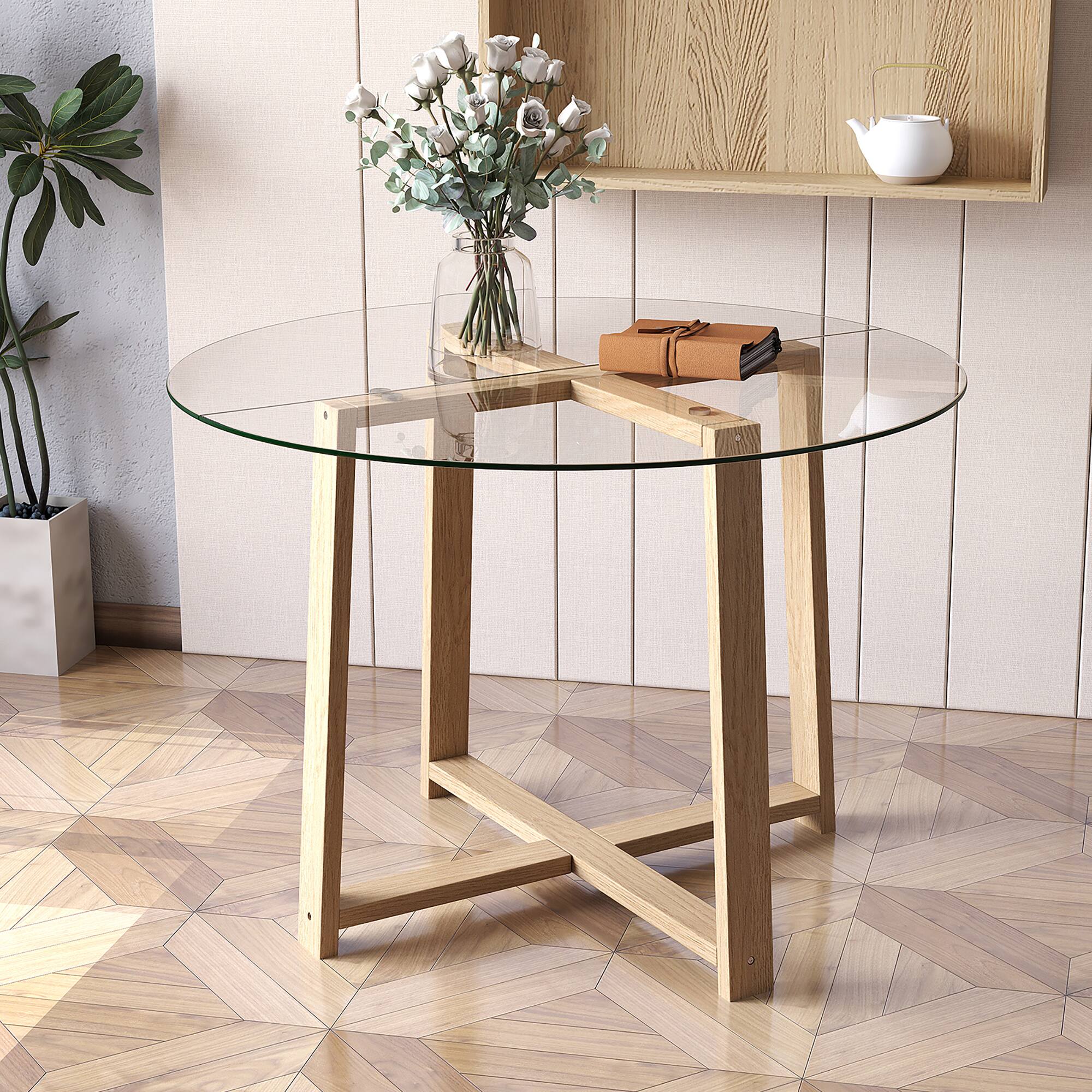 Alt View 1. Gymax - Gymax 42'' Round Glass Dining Table w/ 0.3'' Tempered Glass Tabletop - Transparent, Natural.