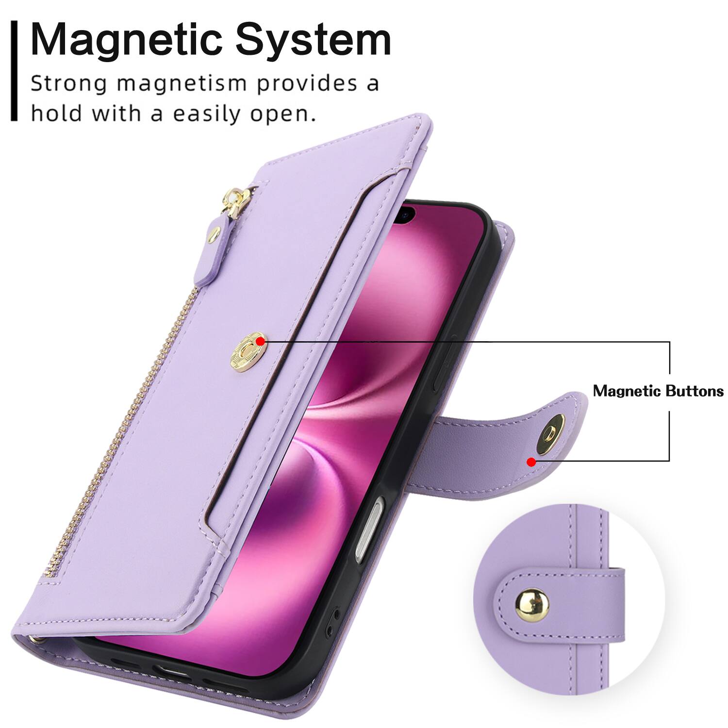 Magnetic System  
Strong magnetism provides a hold with a easily open.  
Magnetic Buttons
