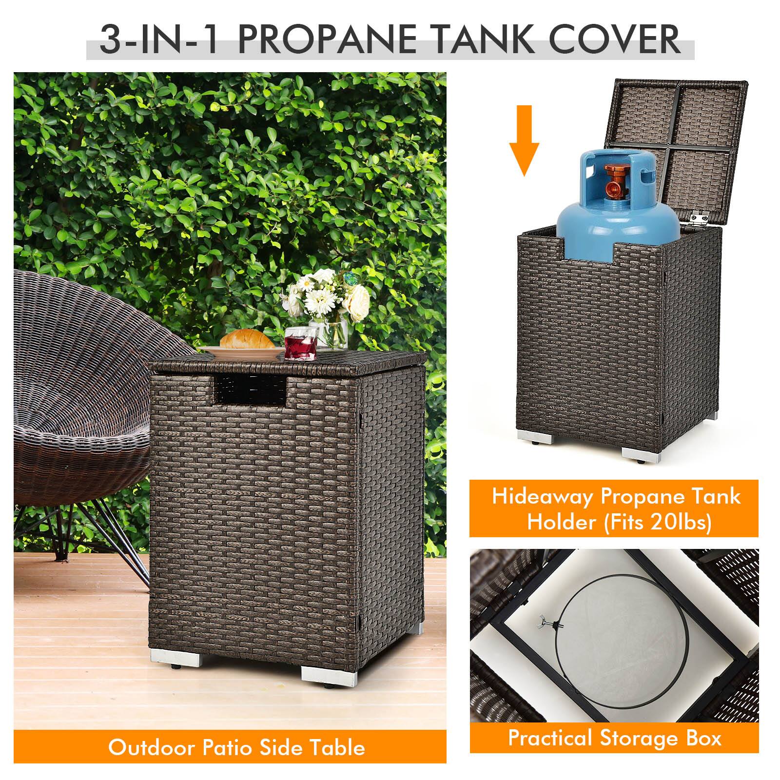 The text on the image is grouped and corrected as follows:

3-IN-1 PROPANE TANK COVER:

* Hideaway Propane Tank Holder (Fits 20lbs)
* Outdoor Patio Side Table
* Practical Storage Box