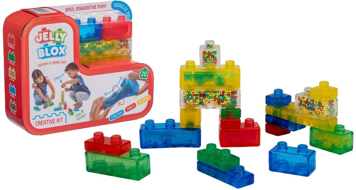 IMAGINATIVE PLAY! SQUEEZE OPEN, JELLY BLOX IS MORE FUN! SQUISHY IT! STACK

20 CREATIVE KIT
ZERO OUCHIES!
SMOOSHY TWISTY STRETCHY