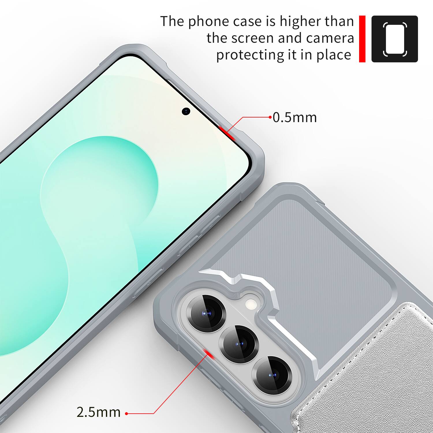The phone case is higher than the screen and camera protecting it in place. 0.5mm 2.5mm