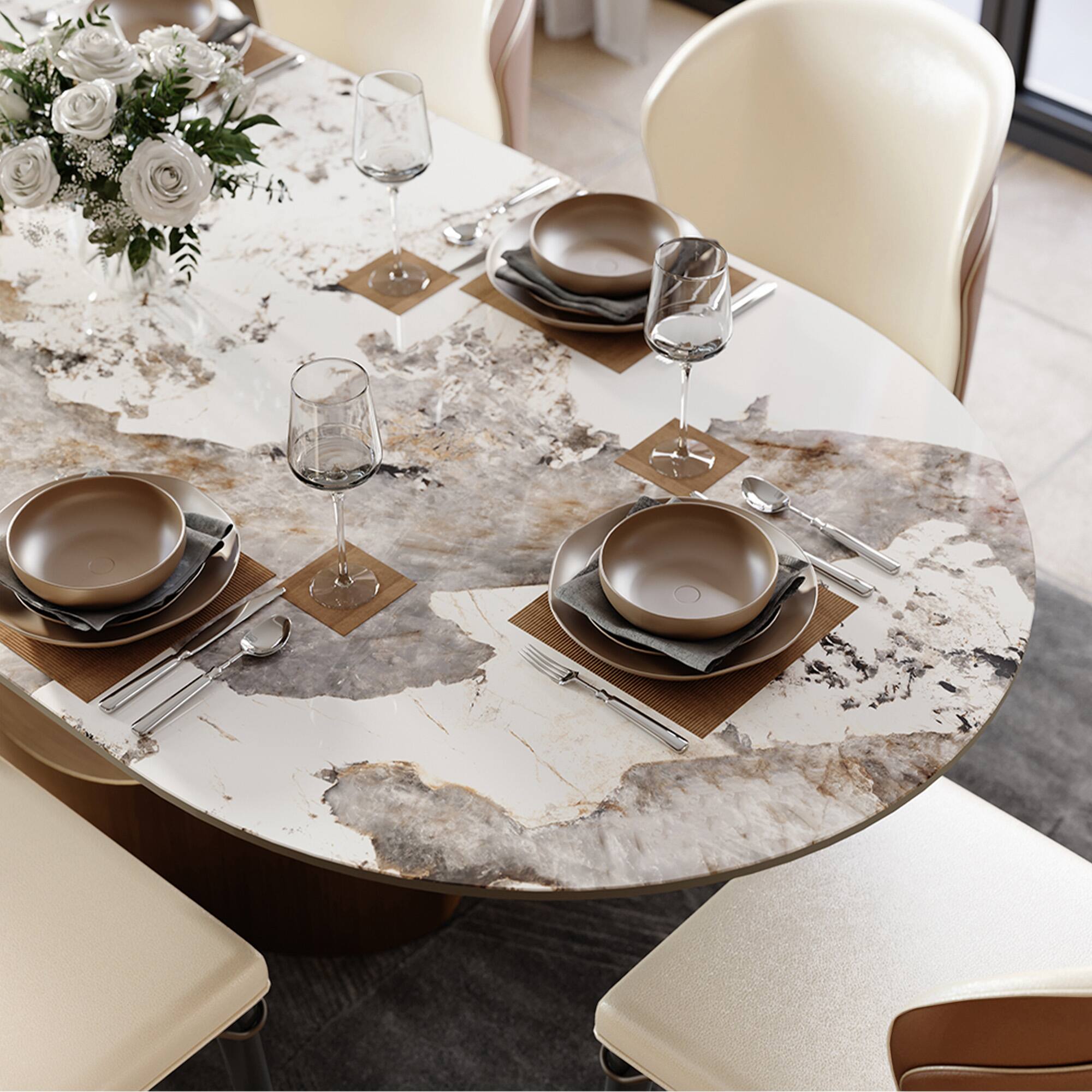 Back. POVISON - 71"Hobart Modern Oval Dining Table for 6, Pandora Oval Glossy Sintered Stone Kitchen Table, Bronze Carbon Steel Base - Pandora.