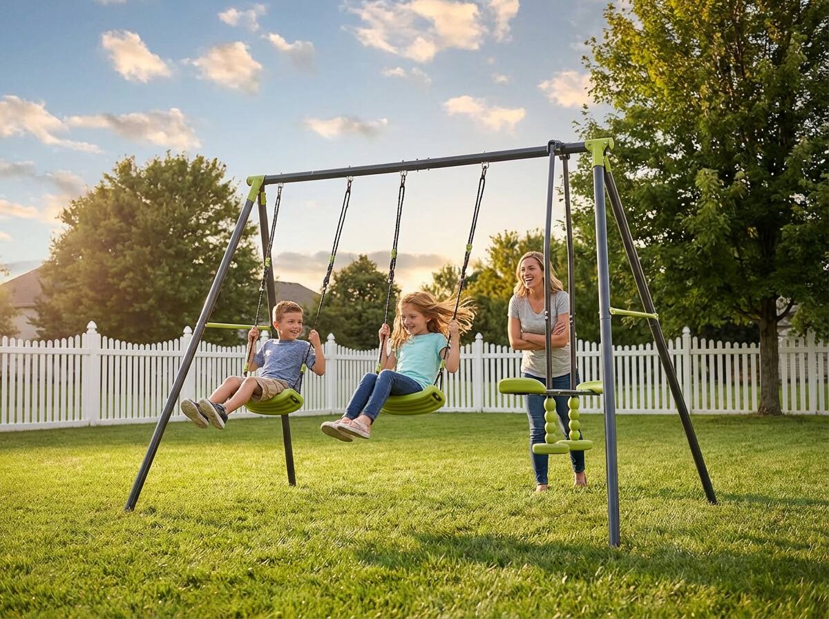 Angle. Loheer - 8.4ft Triple Children Metal Swing Set Outdoor Playground 3-Seat Design for Kids Age 3+ - Green.