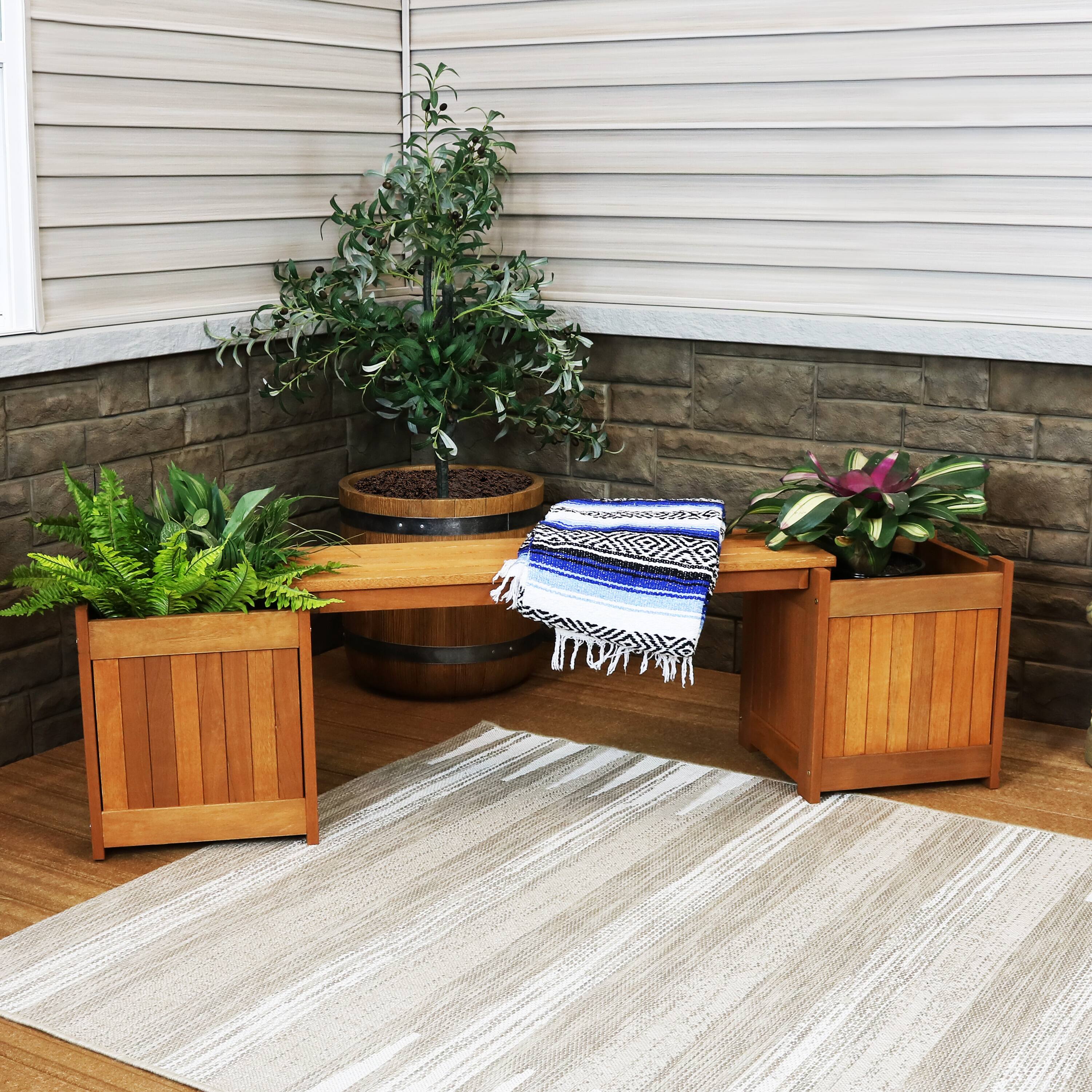 Alt View 4. Sunnydaze - Meranti Wood Outdoor Bench with Planter Boxes - Brown.