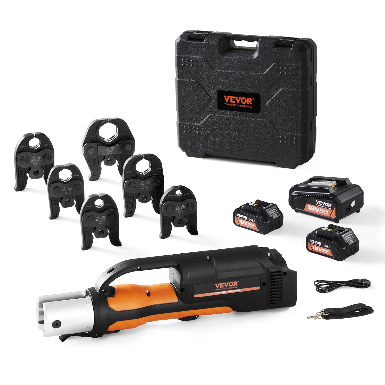 VEVOR - 18V Electric Pipe Crimping Tool for 1/2" to 2" Stainless Steel, Copper, PEX Pipes, Press Tool Kit - Black;orange