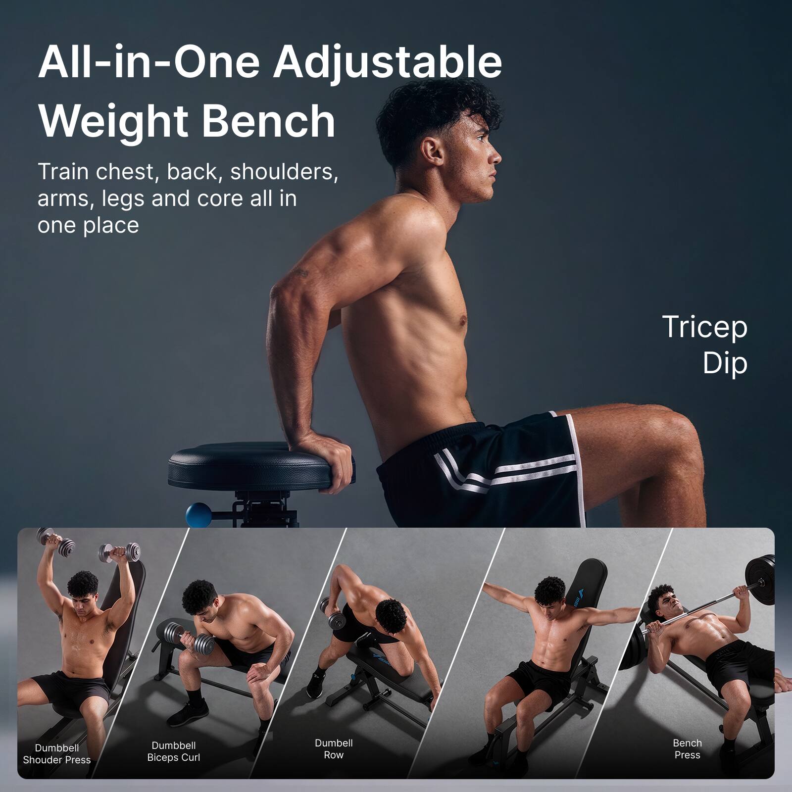 All-in-One Adjustable Weight Bench  
Train chest, back, shoulders, arms, legs and core all in one place  

Tricep Dip  
Dumbbell Shoulder Press  
Dumbbell Biceps Curl  
Dumbbell Row  
Bench Press