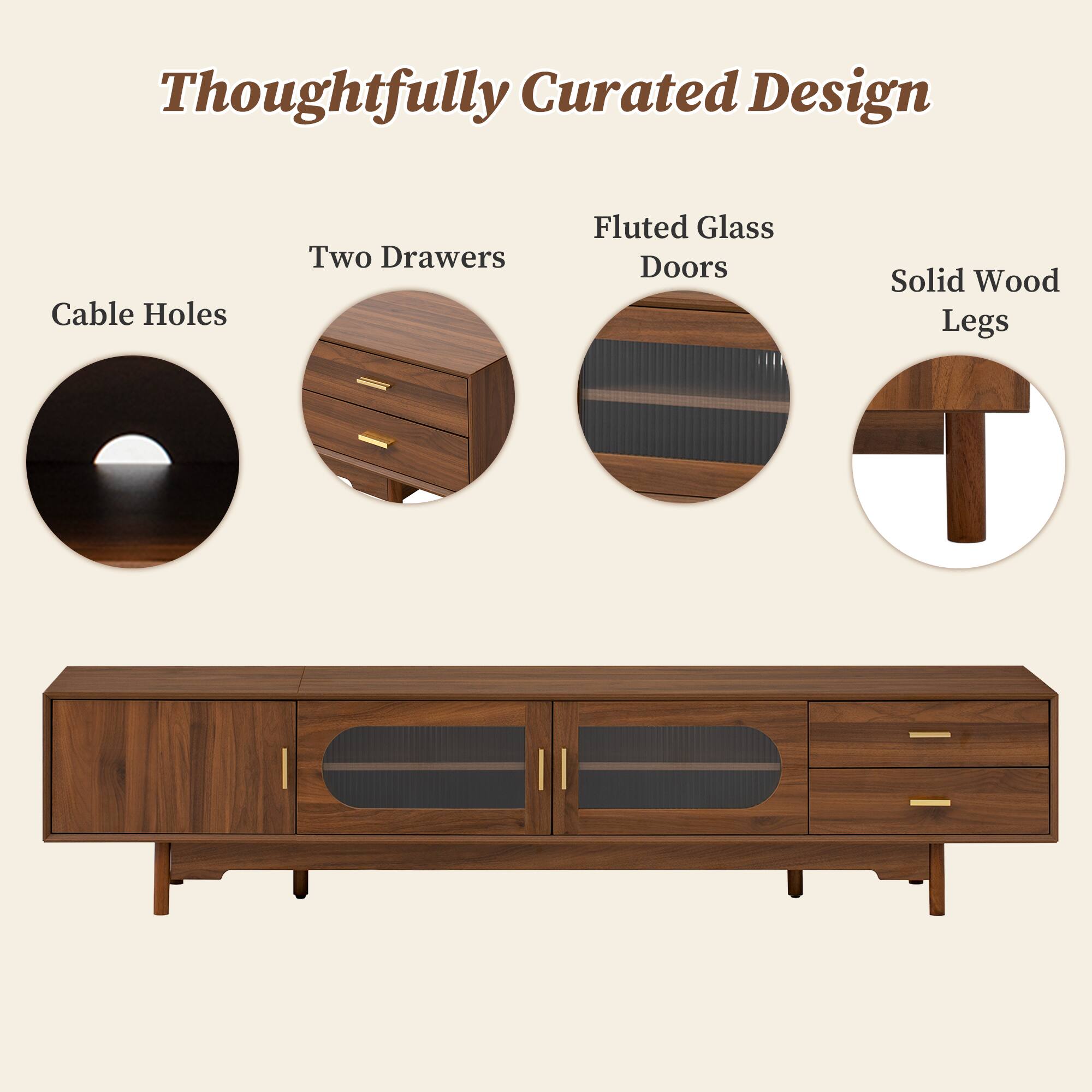 Thoughtfully Curated Design

- Cable Holes
- Two Drawers
- Fluted Glass Doors
- Solid Wood Legs