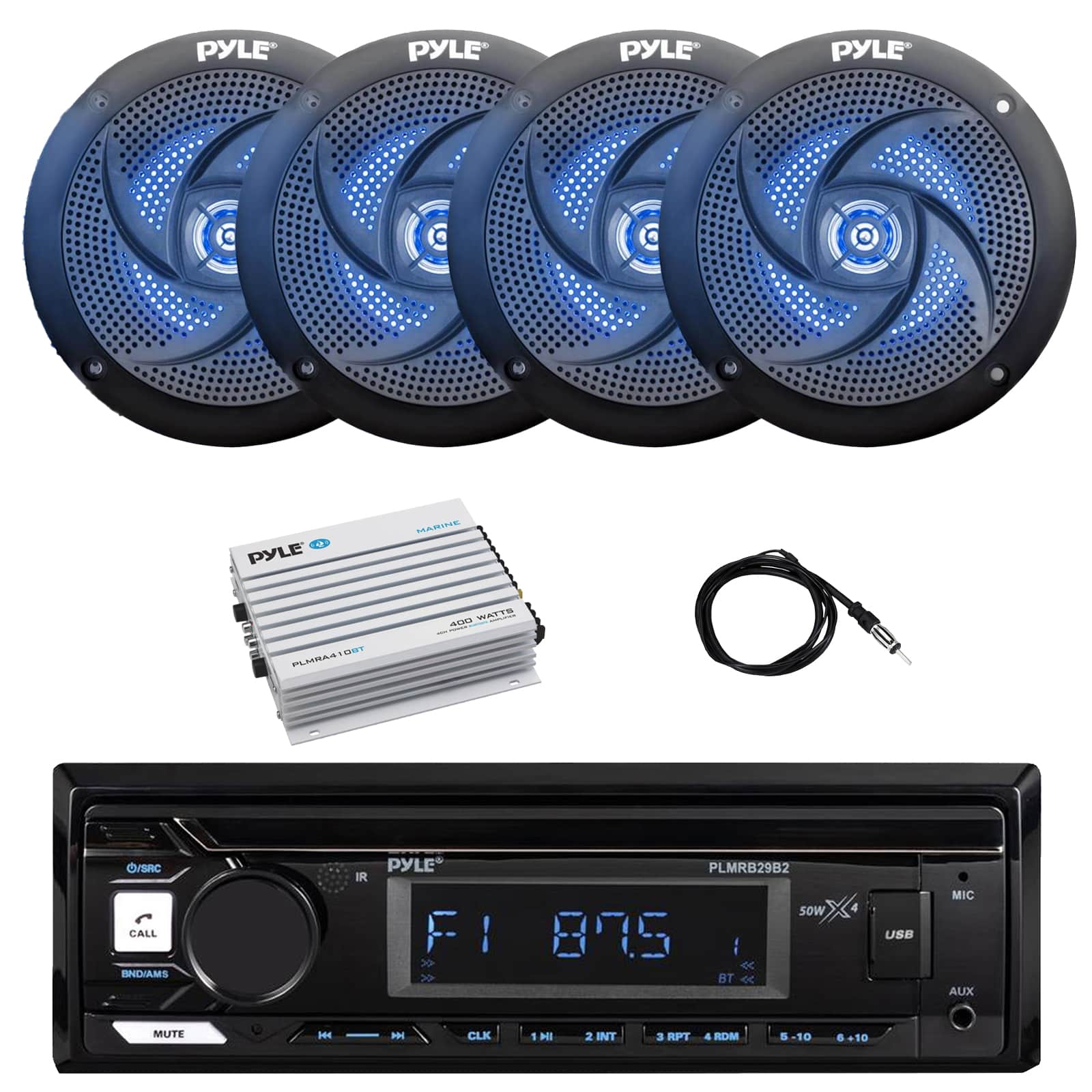 Pyle - Marine Bluetooth Stereo Receiver, 4x 5.25" 180W Low Profile Blue Flashing LED Speakers, Bluetooth Amplifier,Antenna