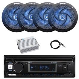 Pyle - Marine Bluetooth Stereo Receiver, 4x 5.25" 180W Low Profile Blue Flashing LED Speakers, Bluetooth Amplifier,Antenna