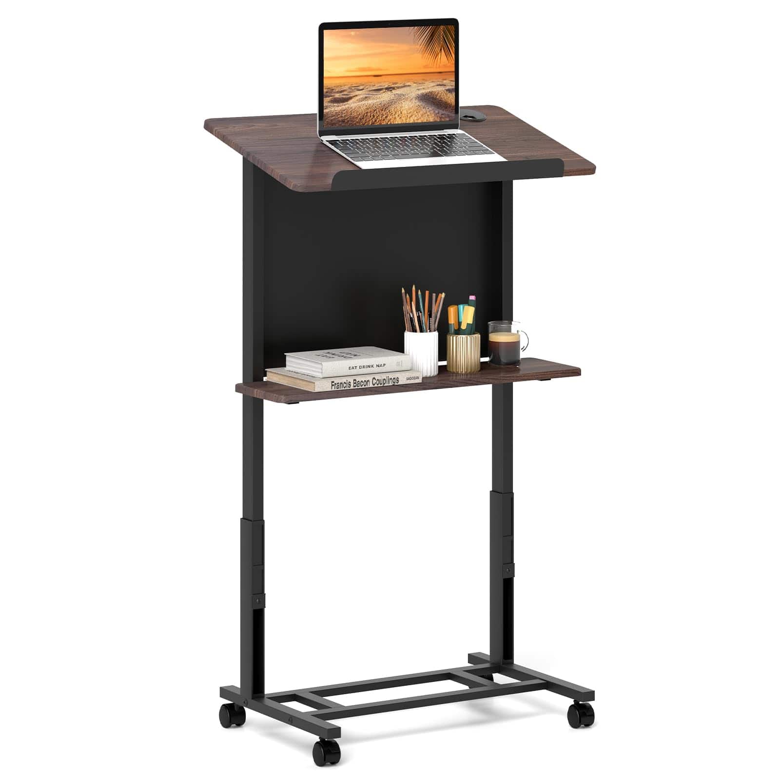 Ecooso - Rolling Podium Lectern Stand, 40.5–49" Height Adjustable Presentation Table with Wheels - Walnut + Black