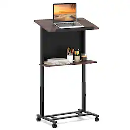 Ecooso - Rolling Podium Lectern Stand, 40.5–49" Height Adjustable Presentation Table with Wheels - Walnut + Black