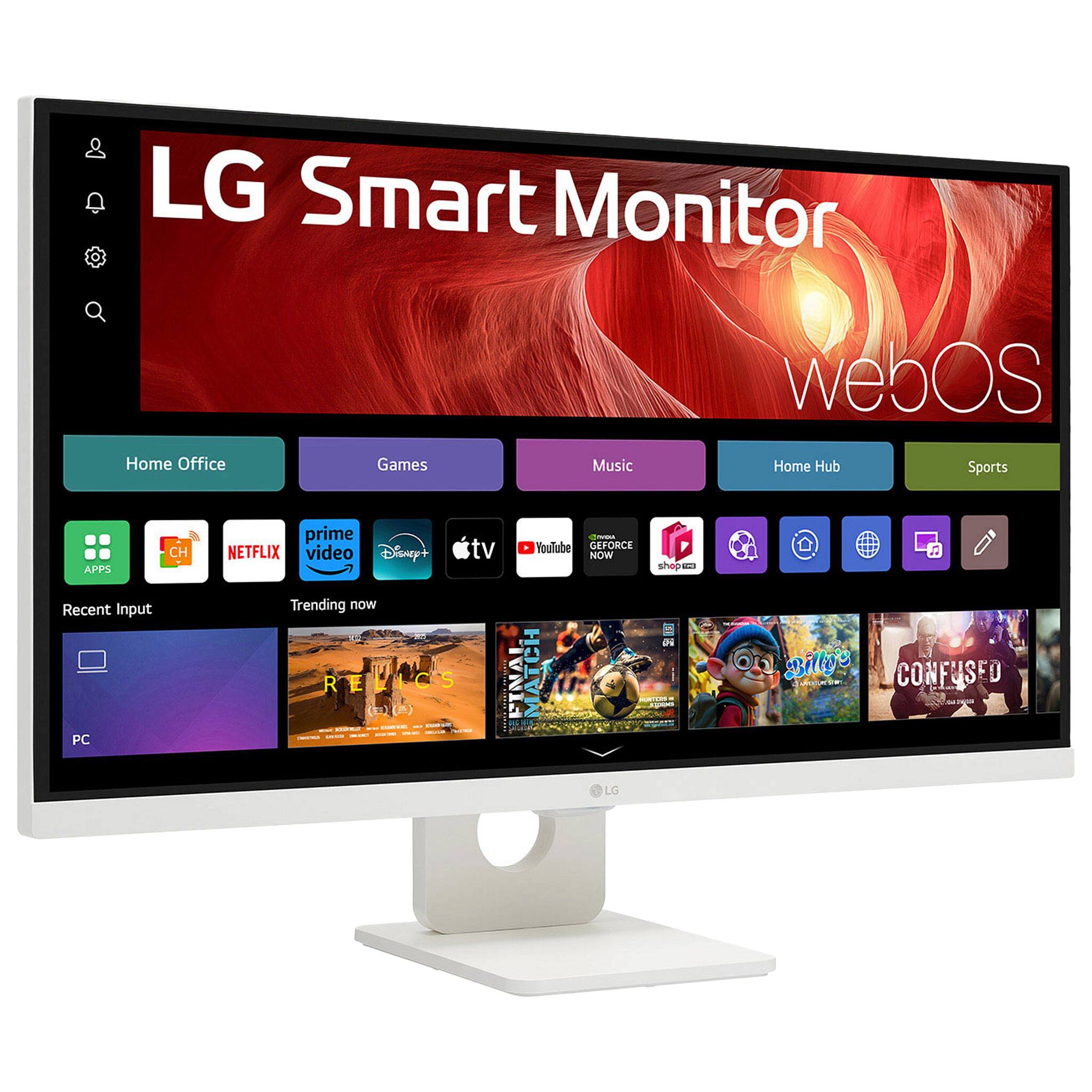 LG Smart Monitor  
webOS  

Home Office  
Games  
Music  
Home Hub  
Sports  

Recent Input  
Trending now  

prime  
NETFLIX  
YouTube  
Disney+  
tv  
CRFORCE NOW  
shepen  
shop  

REILICS  
FINAL MATCH  
CONFUSED  

LG