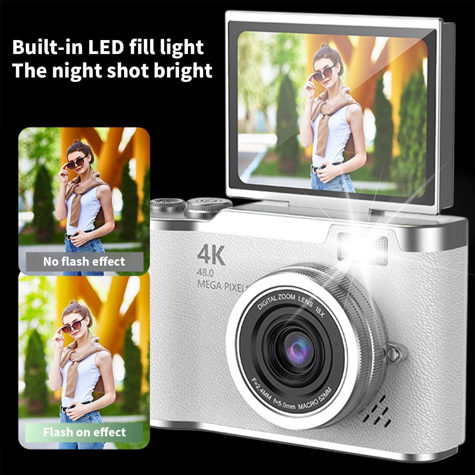 Built-in LED fill light  
The night shot bright  

4K  
48.0 MEGA PIXEL  

DIGITAL ZOOM LENS 18X  
F=2.4MM - 52MM  
f=5.0mm  
MACRO  

No flash effect  
Flash on effect