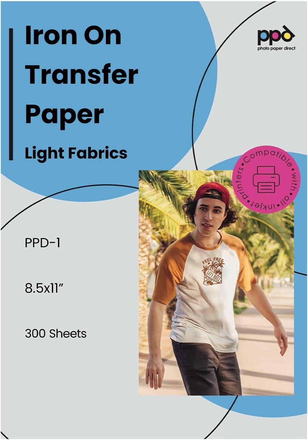 Photo Paper Direct - Light Iron-On Transfer Paper 8.5x11 for Inkjet Printers (300 sheets) - White