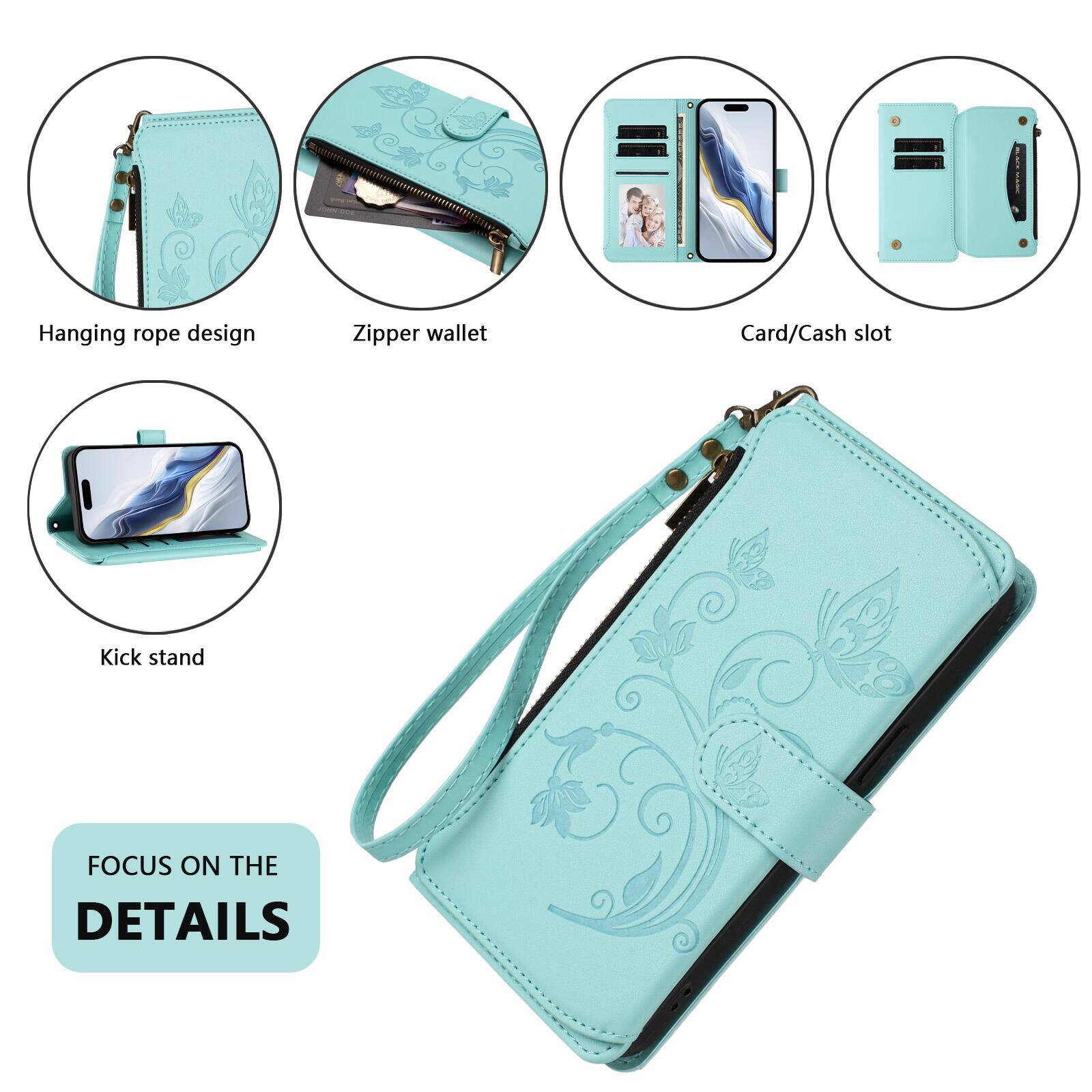 Hanging rope design  
Zipper wallet  
Card/Cash slot  
Kick stand  
FOCUS ON THE DETAILS