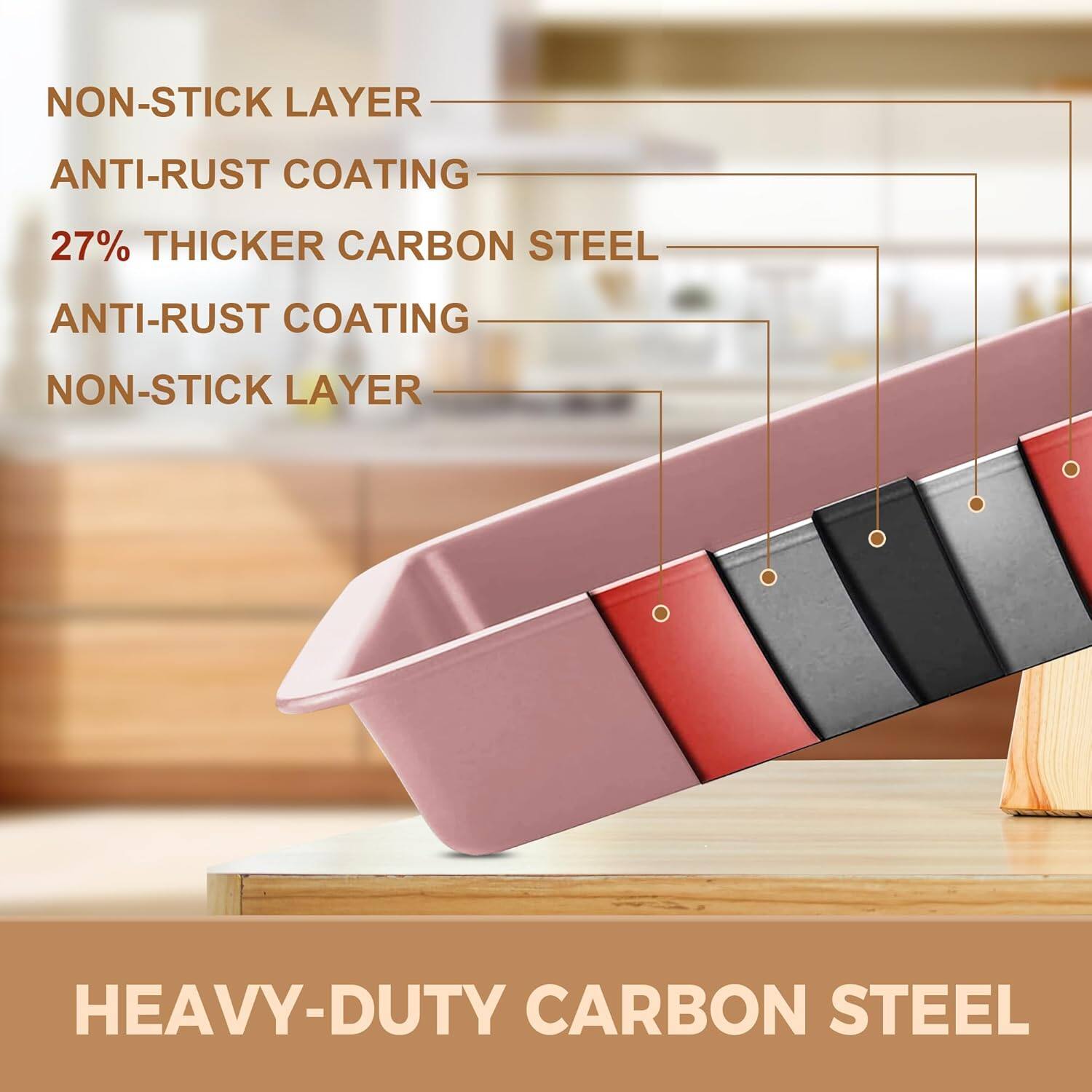 - NON-STICK LAYER
- ANTI-RUST COATING
- 27% THICKER CARBON STEEL
- ANTI-RUST COATING
- NON-STICK LAYER

HEAVY-DUTY CARBON STEEL