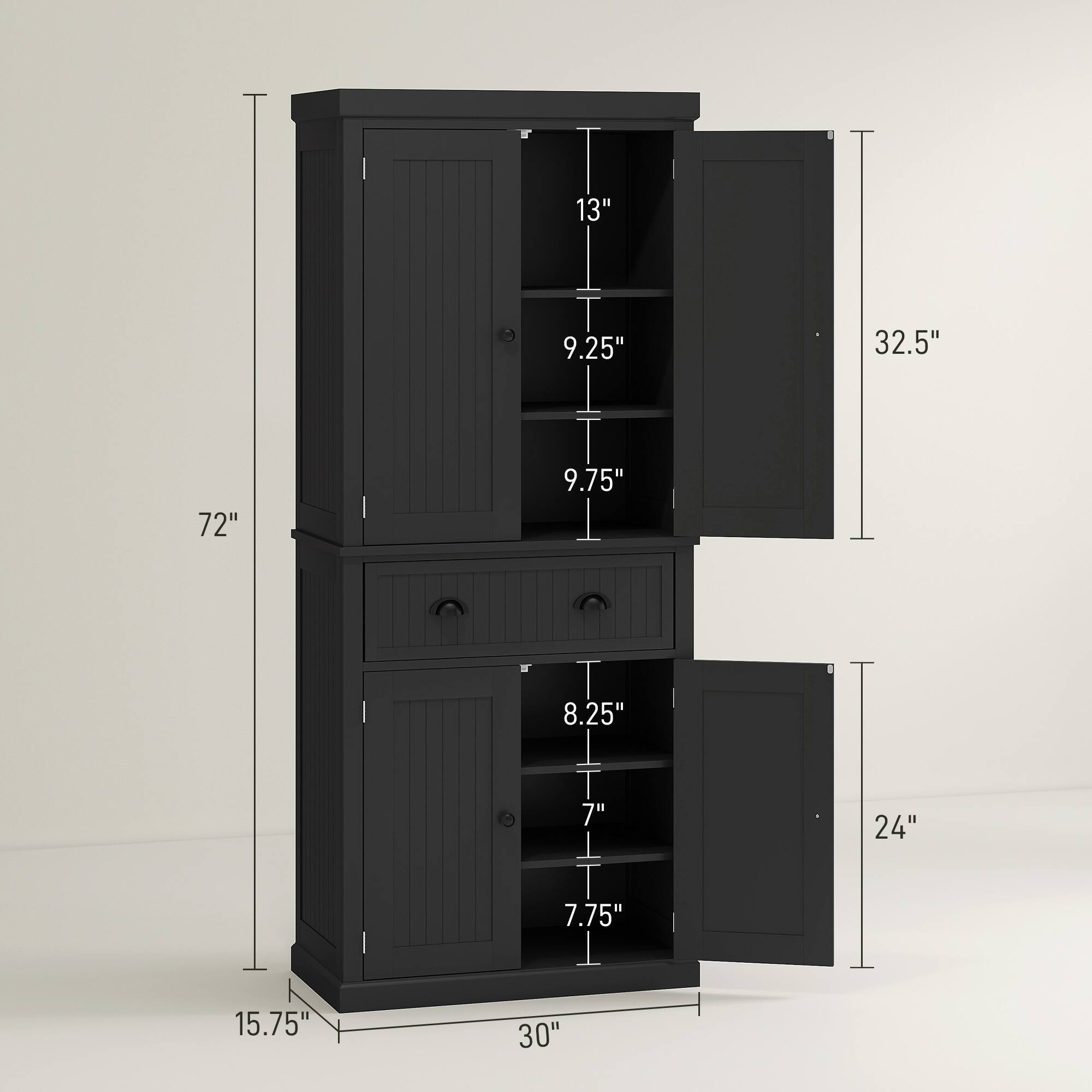 The text can be grouped as follows:

- Height: 72"
- Width: 30"
- Depth: 15.75"
- Top shelf height: 13"
- Middle shelf height: 9.25"
- Bottom shelf height: 9.75"
- Drawer height: 8.25"
- Middle drawer height: 7"
- Bottom drawer height: 7.75"
- Width of the cabinet: 24"
- Width of the door: 32.5"