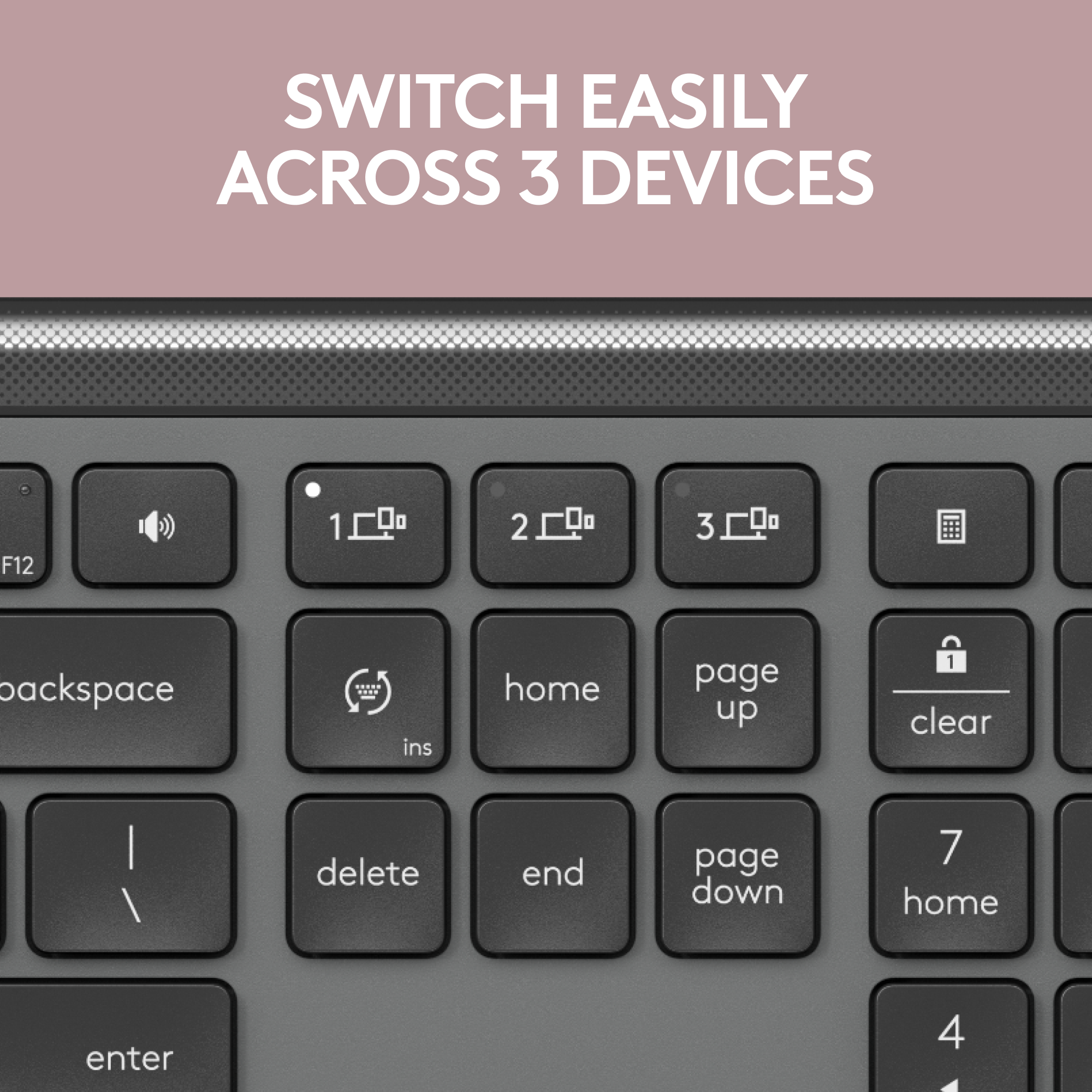 Switch Easily Across 3 Devices
F12: 1 0 2 0 3 0
packspace: ins home page up
1: clear
delete: end
page down: 7
home: enter
4: