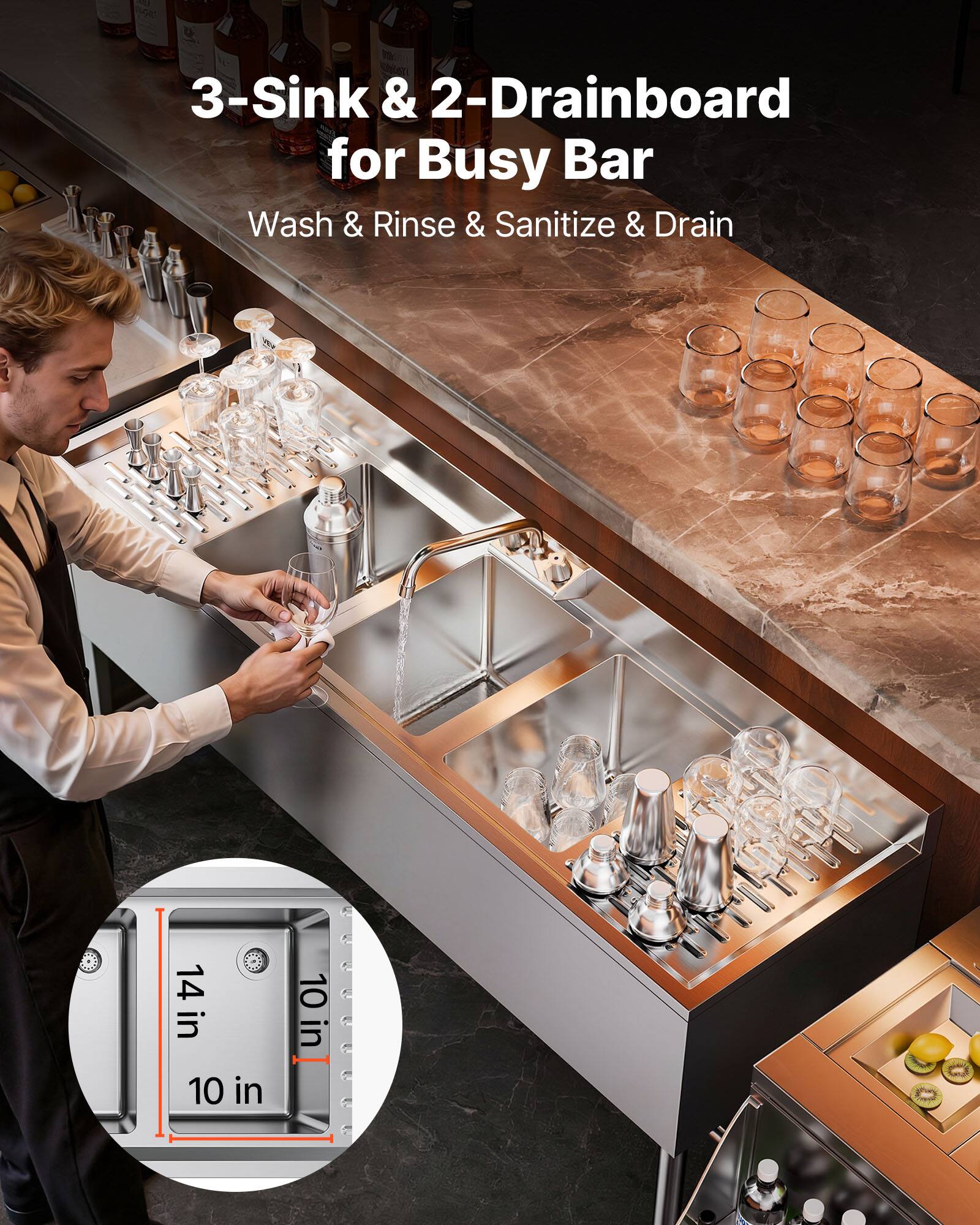 3-Sink & 2-Drainboard for Busy Bar  
Wash & Rinse & Sanitize & Drain  
14 in 10 in 10 in