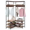 Front. Costway - Costway Corner Garment Rack L-shaped Clothes Rack with Open Shelves & Adjustable Foot Pads Walnut - Walnut.
