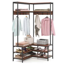 Costway - Corner Garment Rack L-shaped Clothes Rack with Open Shelves & Adjustable Foot Pads - Walnut