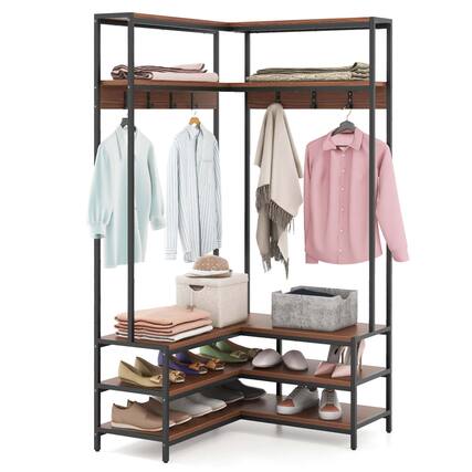 Front. Costway - Costway Corner Garment Rack L-shaped Clothes Rack with Open Shelves & Adjustable Foot Pads Walnut - Walnut.