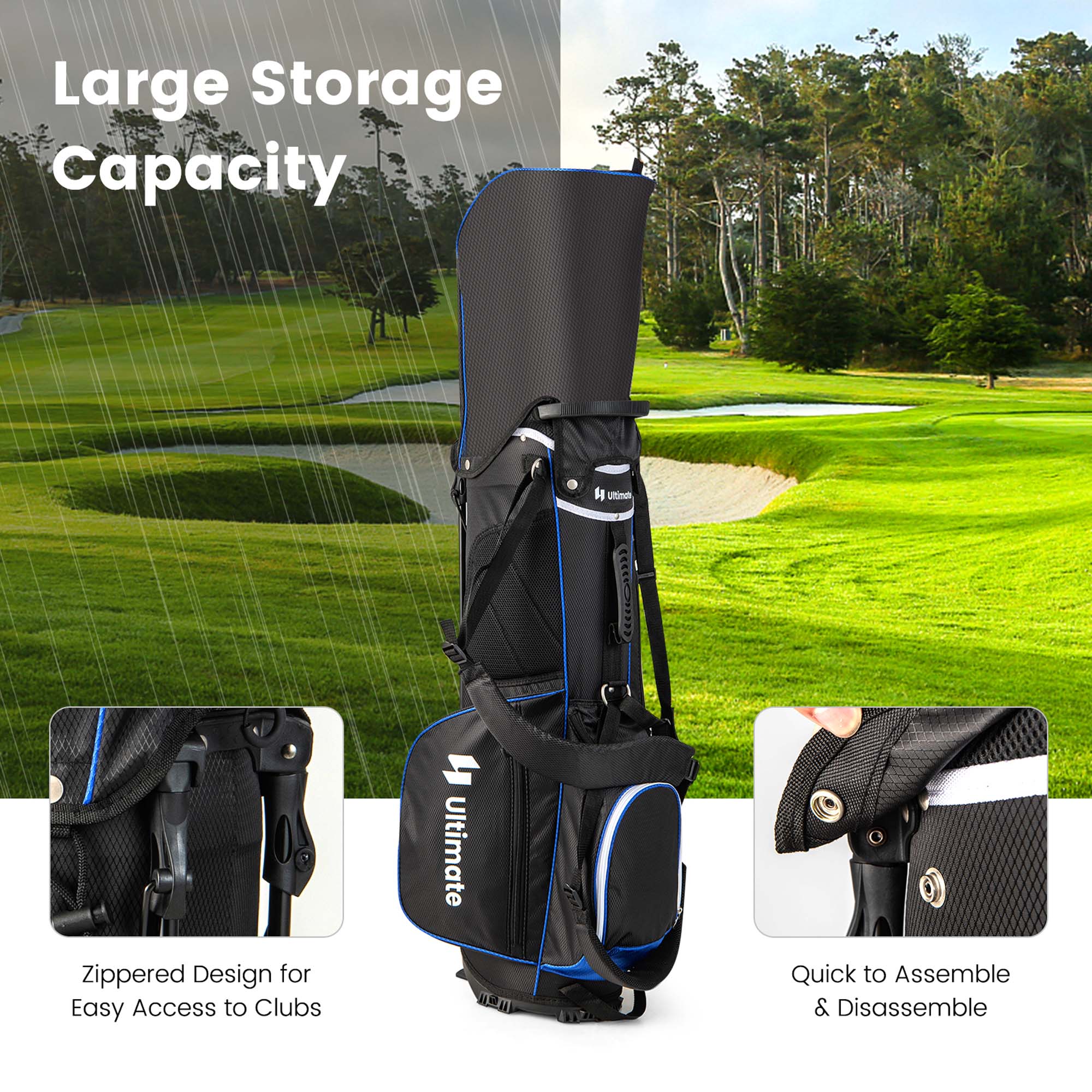Large Storage Capacity

Zippered Design for Easy Access to Clubs

Quick to Assemble & Disassemble