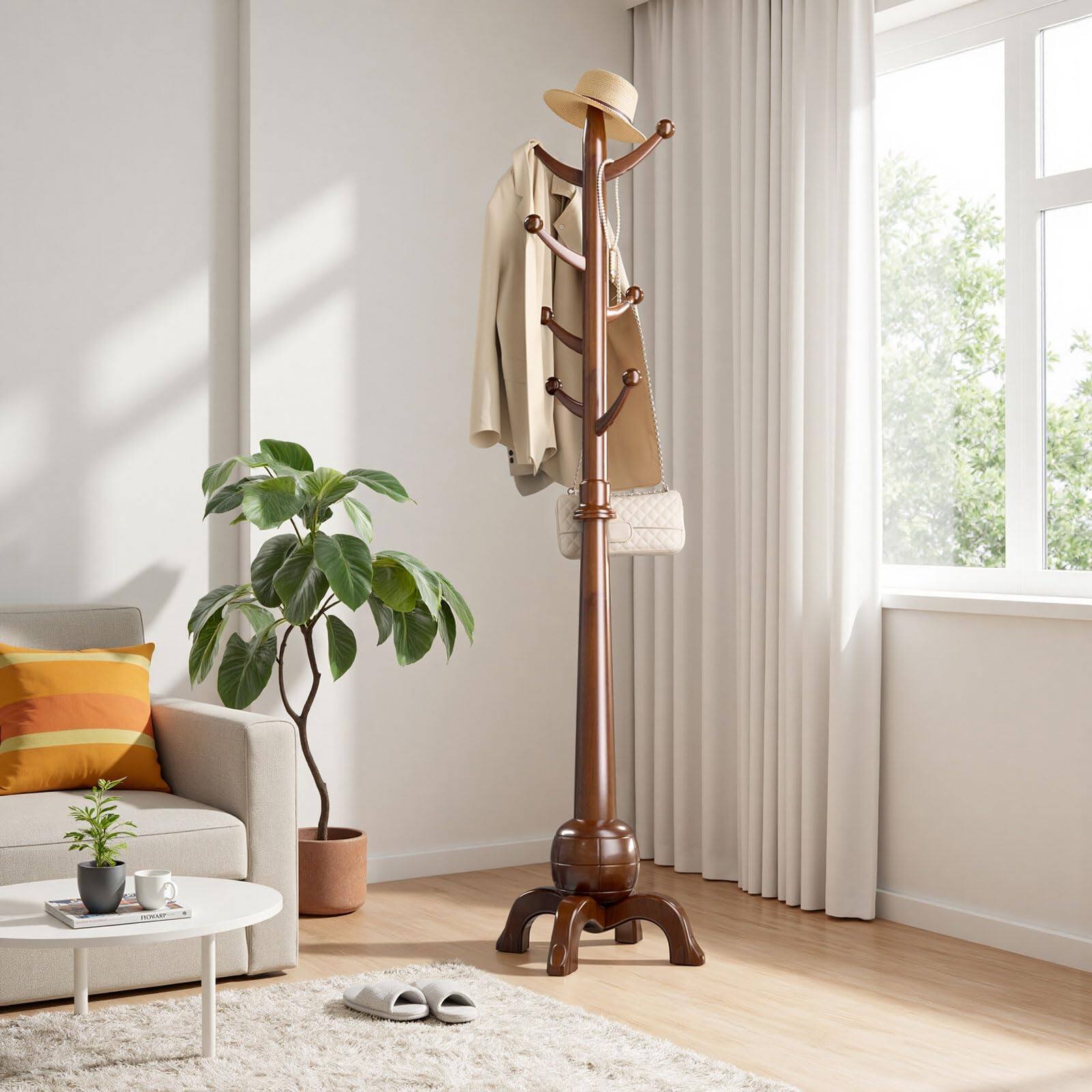 Front. Hirose Alice - Wood Coat Rack Freestanding Solid Wooden Hall Tree - Walnut.