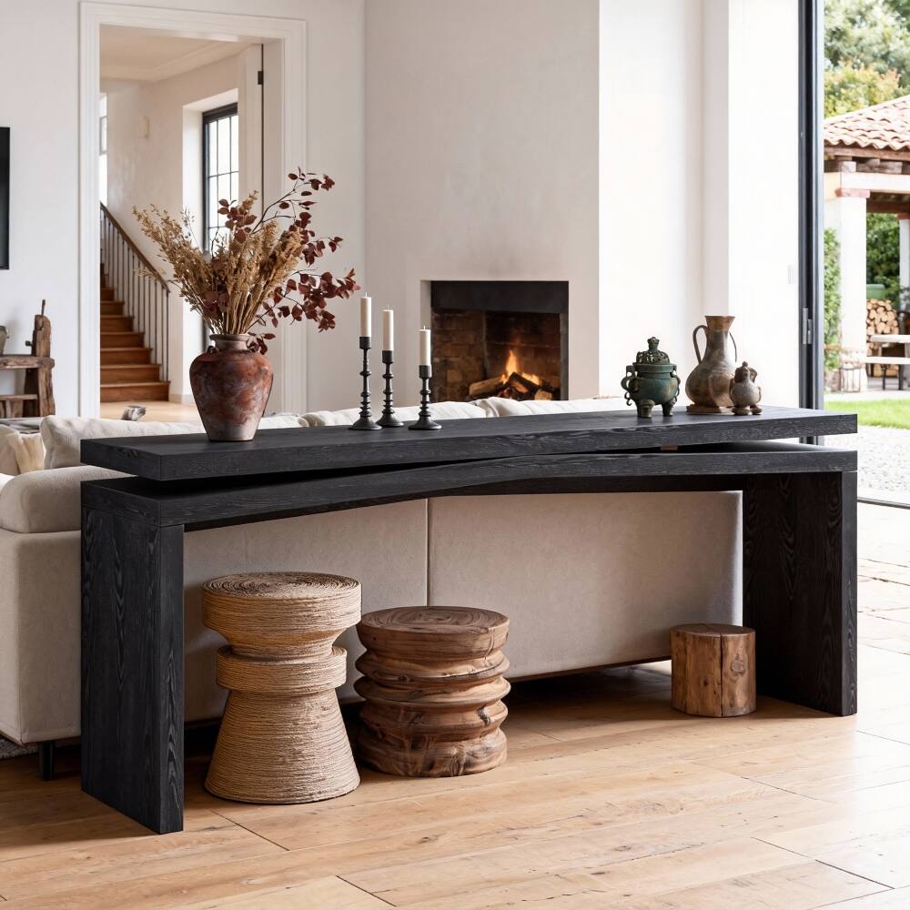 Left. Loheer - Loheer 65 Inch Rustic Console Table, Long Farmhouse Entryway Table with Sled Base, Black - Black.