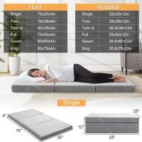 **FLAT**

- Single: 75x26x4in
- Twin: 75x38x4in
- Twin XL: 80x38x4in
- Full: 75x54x4in
- Queen: 80x60x4in
- King: 80x76x4in

**FOLDED**

- Single: 25x25x12in
- Twin: 25x38x12in
- Twin XL: 26x38x12in
- Full: 25x54x12in
- Queen: 26x60x12in
- King: 26x76x12in

**Dimensions:**

- Single: 75" x 26" x 4"
- Folded: 25" x 25" x 12"