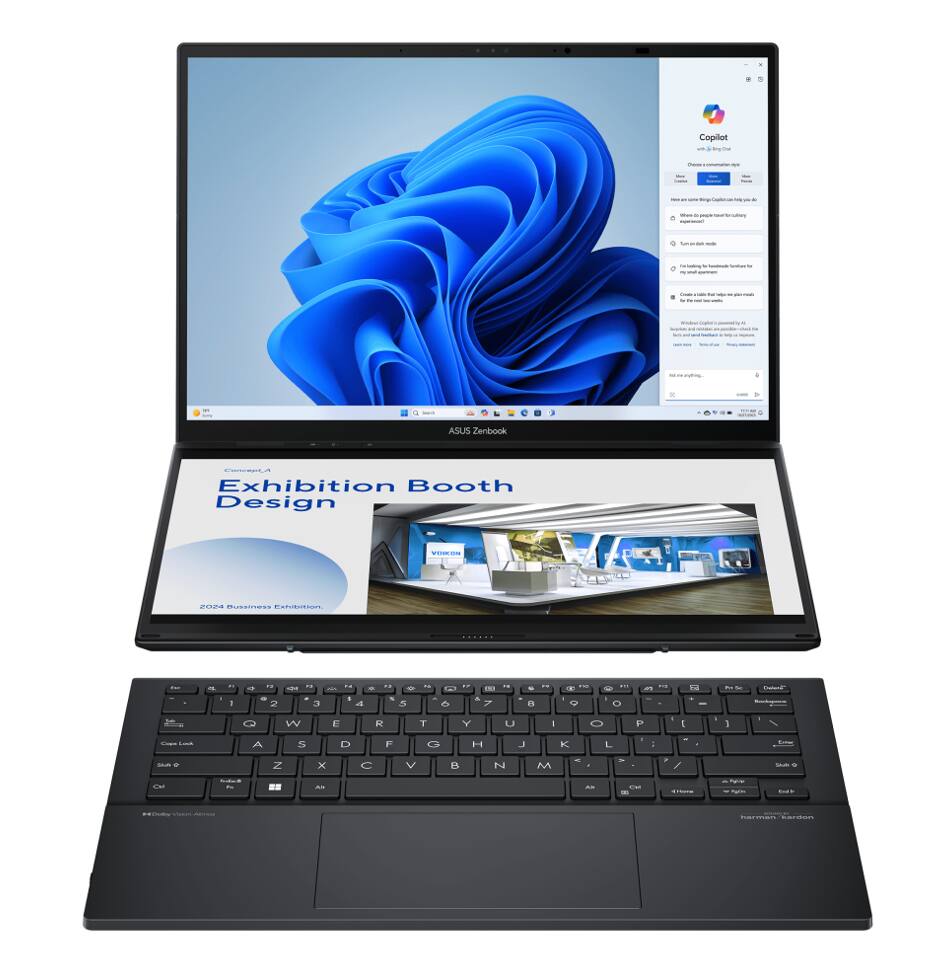 Sure, here is the corrected and grouped text from the image:

---

**ASUS ZenBook**

**Exhibition Booth Design**

**2024 Business Exhibition**

---

**Copilot**

- Choose a conversation topic
  - How can I use Copilot to help you?
  - Where is the nearest public library?
  - Turn on my Wi-Fi
  - Turn on my Bluetooth
  - Create a task list for my to-do list
  - Create a task list for my to-do list

- Microsoft Copilot is powered by AI. It can help you with tasks, answer questions, and provide feedback. For more information, visit [link].

- Ask a question.

---

**Keyboard Layout:**

- Q W E R T Y U I O P
- A S D F G H J K L
- Z X C V B N M

---

**Additional Text:**

- harmr! Kardan

---

This text is organized based on the visible elements in the image.