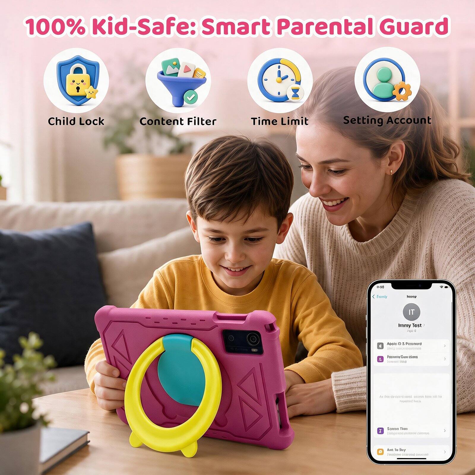 100% Kid-Safe: Smart Parental Guard

Child Lock
Content Filter
Time Limit
Setting Account

3-50
Eamy
book
IT
Immy Test cyl -
-
Apple D 5 Password LOVE
/
Doe time Interness Wild
1
As to devion - letto oil 50 repessed hoco
Sove Than : (magered contaial COLARDO
VSL
Ant is by  croconal mescad