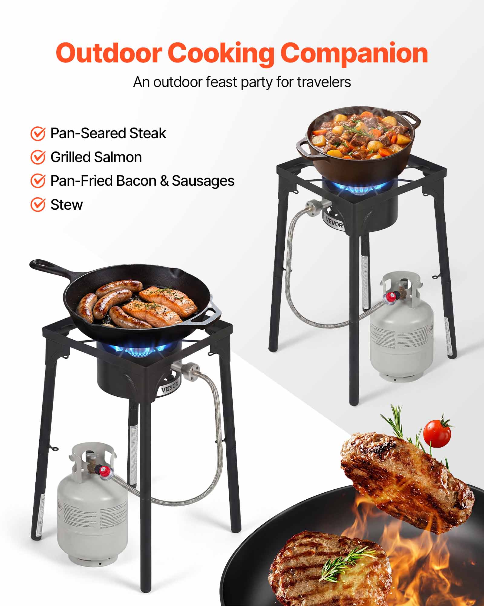 Outdoor Cooking Companion  
An outdoor feast party for travelers  

- Pan-Seared Steak  
- Grilled Salmon  
- Pan-Fried Bacon & Sausages  
- Stew  

VEVOR