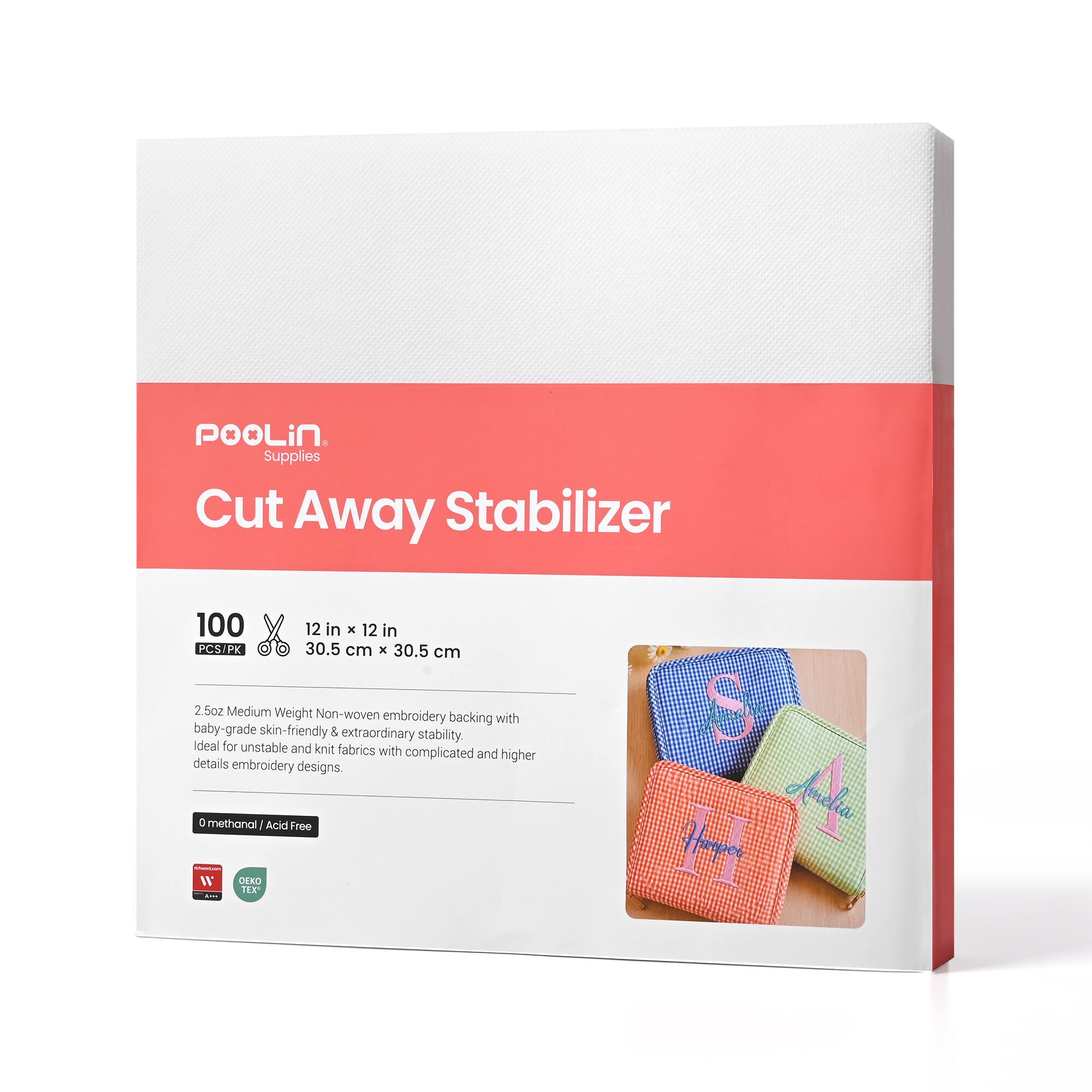 POOLin Supplies Cut Away Stabilizer  
100 12 in x 12 in PCS/PK 30.5 cm X 30.5 cm .5oz Medium Weight Non-woven embroidery backing with baby-grade skin-friendly & extraordinary stability. Ideal for unstable and knit fabrics with complicated and higher details embroidery designs. 0 methanal I Acid Free UniverCon 'll OEKO TEX