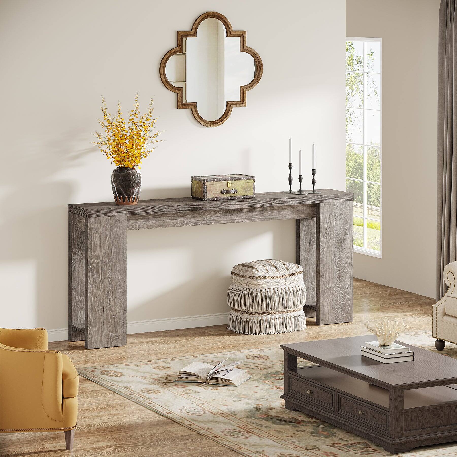 Angle. Tribesigns - Farmhouse Console Table with Engineered Wood Construction and Rectangular Top for Entryway and Hallway - Gray.