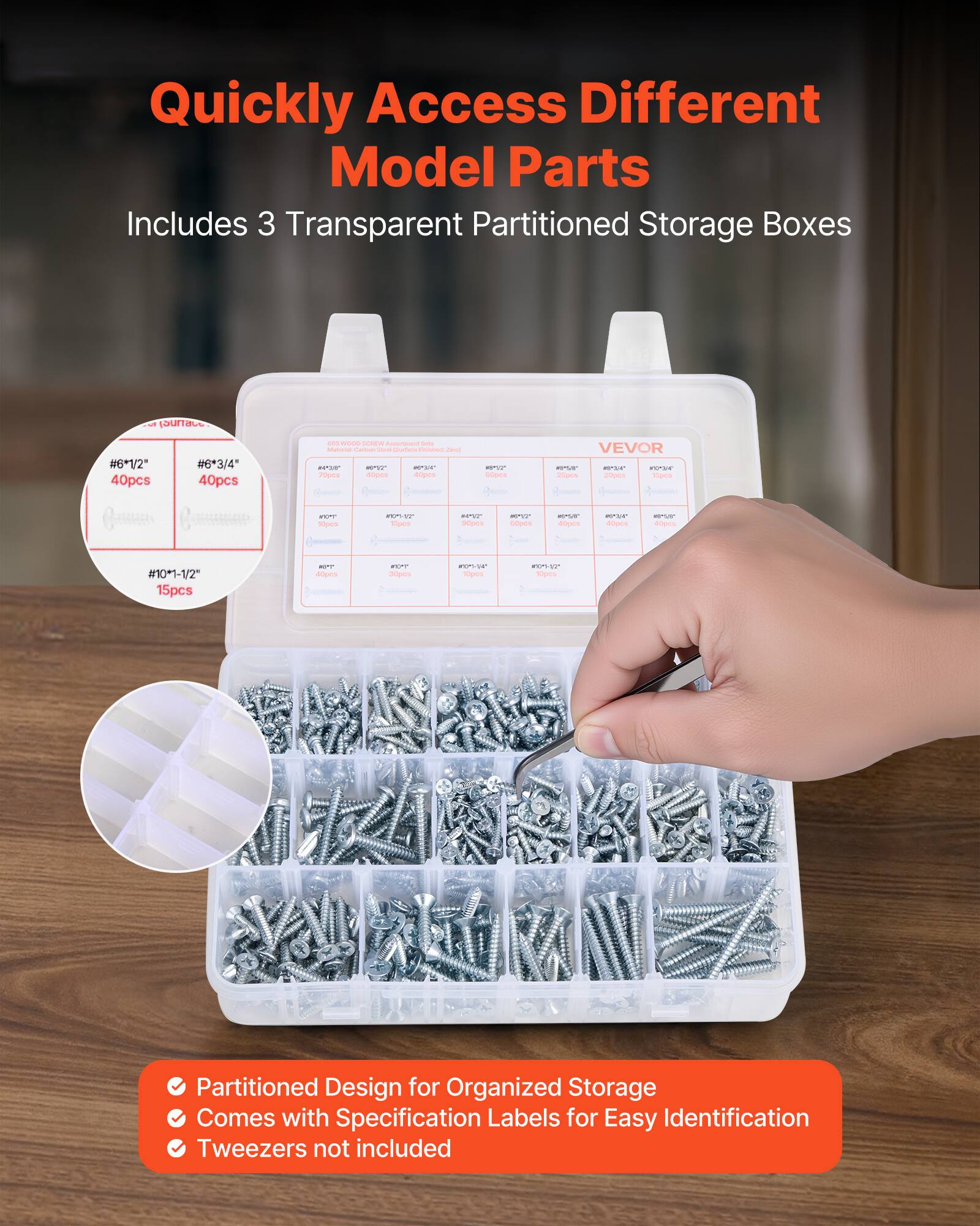 Quickly Access Different Model Parts  
Includes 3 Transparent Partitioned Storage Boxes  

- #6-1/2" 40pcs  
- #6*3/4" 40pcs  
- #10*1-1/2" 15pcs  

Partitioned Design for Organized Storage  
Comes with Specification Labels for Easy Identification  
Tweezers not included