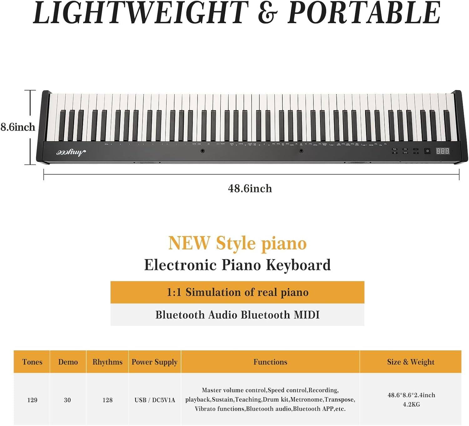 LIGHTWEIGHT & PORTABLE  
8.6inch Amycie 8BB 48.6inch  
NEW Style piano Electronic Piano Keyboard  
1:1 Simulation of real piano  
Bluetooth Audio Bluetooth MIDI  

Tones | Demo | Rhythms | Power Supply  
129 | 30 | 128 | USB/DC5V/1A  

Functions  
Master volume control, Speed control, Recording, Playback, Sustain, Teaching, Drum kit, Metronome, Transpose, Vibrato functions, Bluetooth audio, Bluetooth APP etc.  

Size & Weight  
48.6" x 8.6" x 2.4"  
4.2KG
