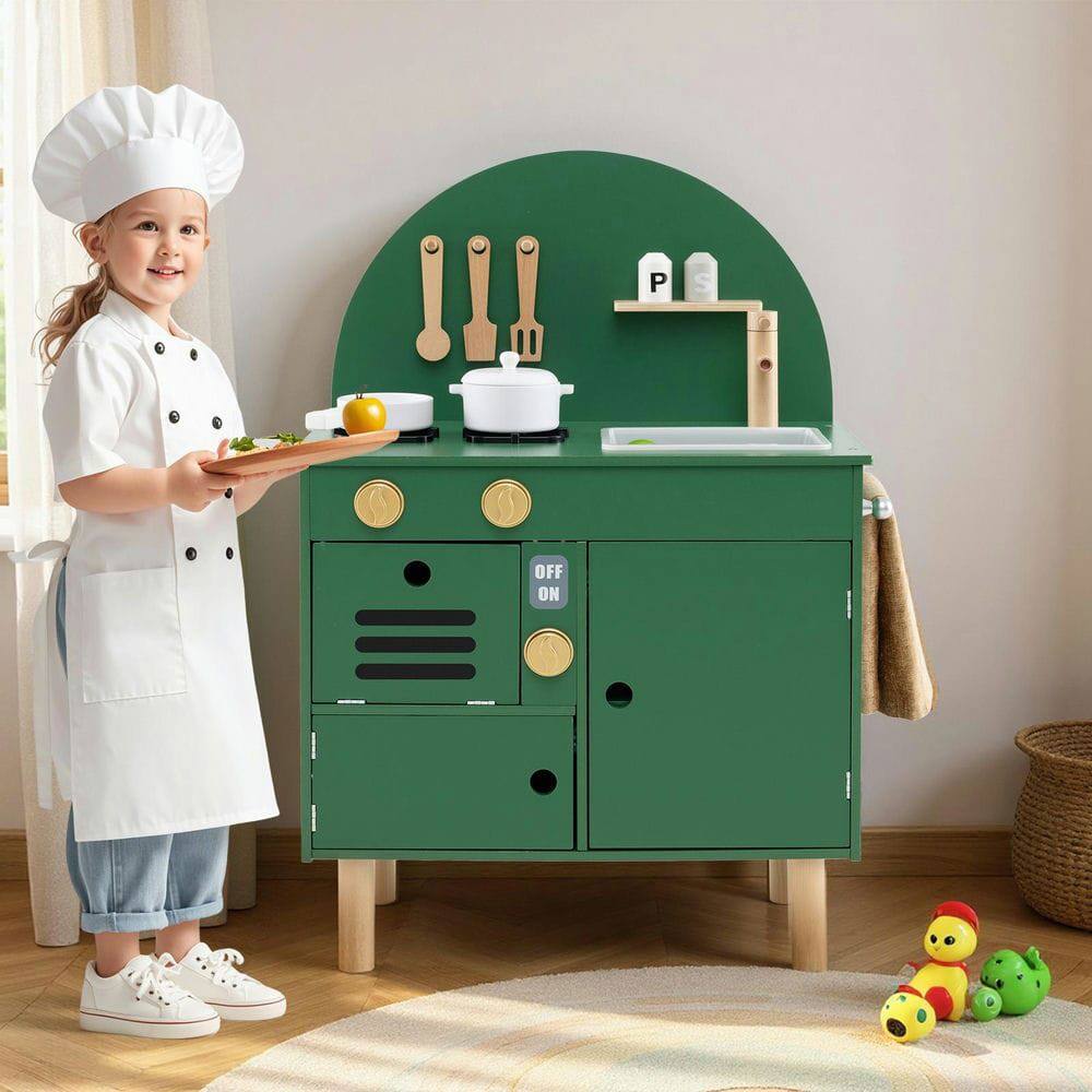 Back. Resenkos - Kids Wooden Play Kitchen with Stove, Sink, Microwave & Oven - Pretend Set - Green.