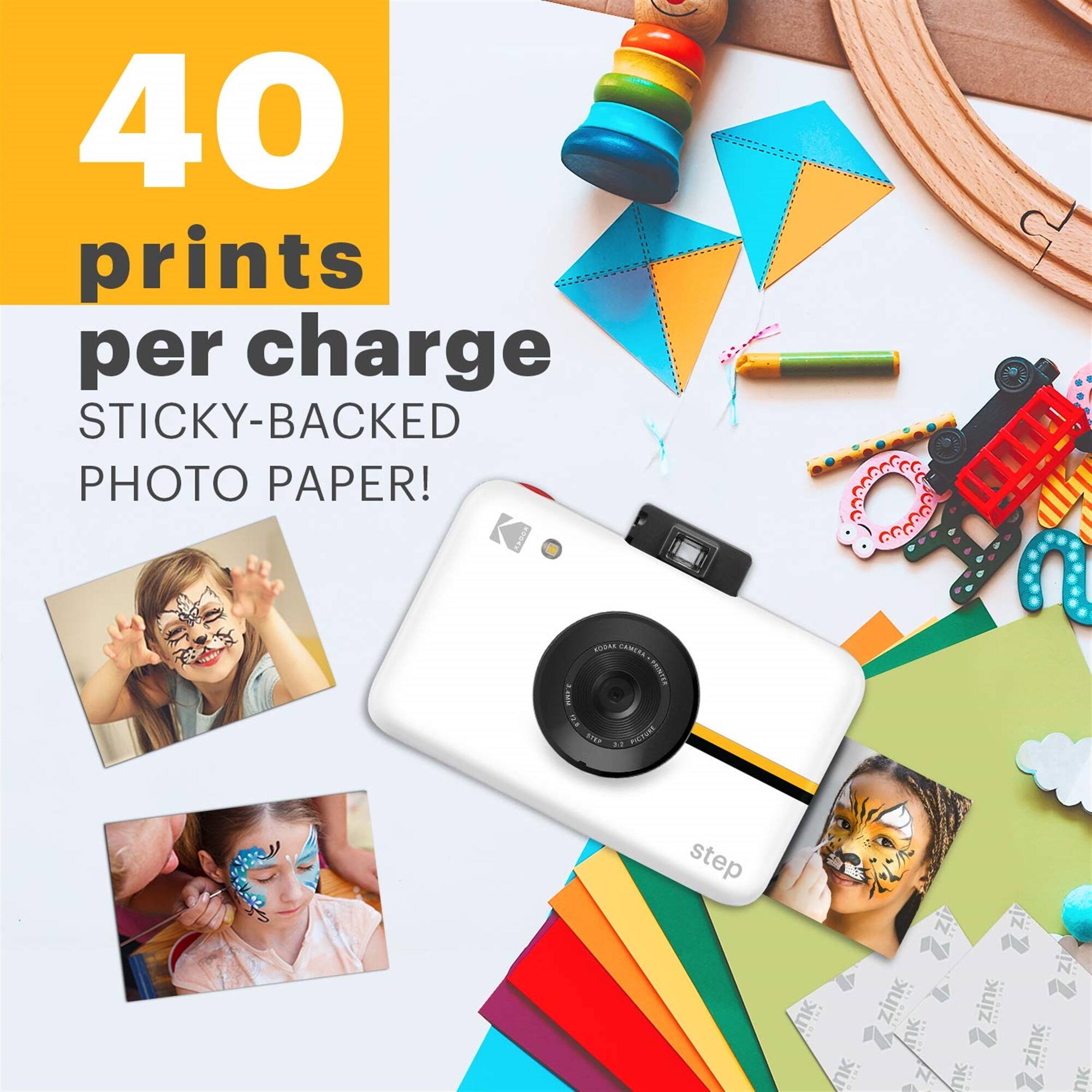 40 prints per charge STICKY-BACKED PHOTO PAPER! SE CAMERE HSINTER a f STEP A Phco step Nk zink nk UK zink zink nK