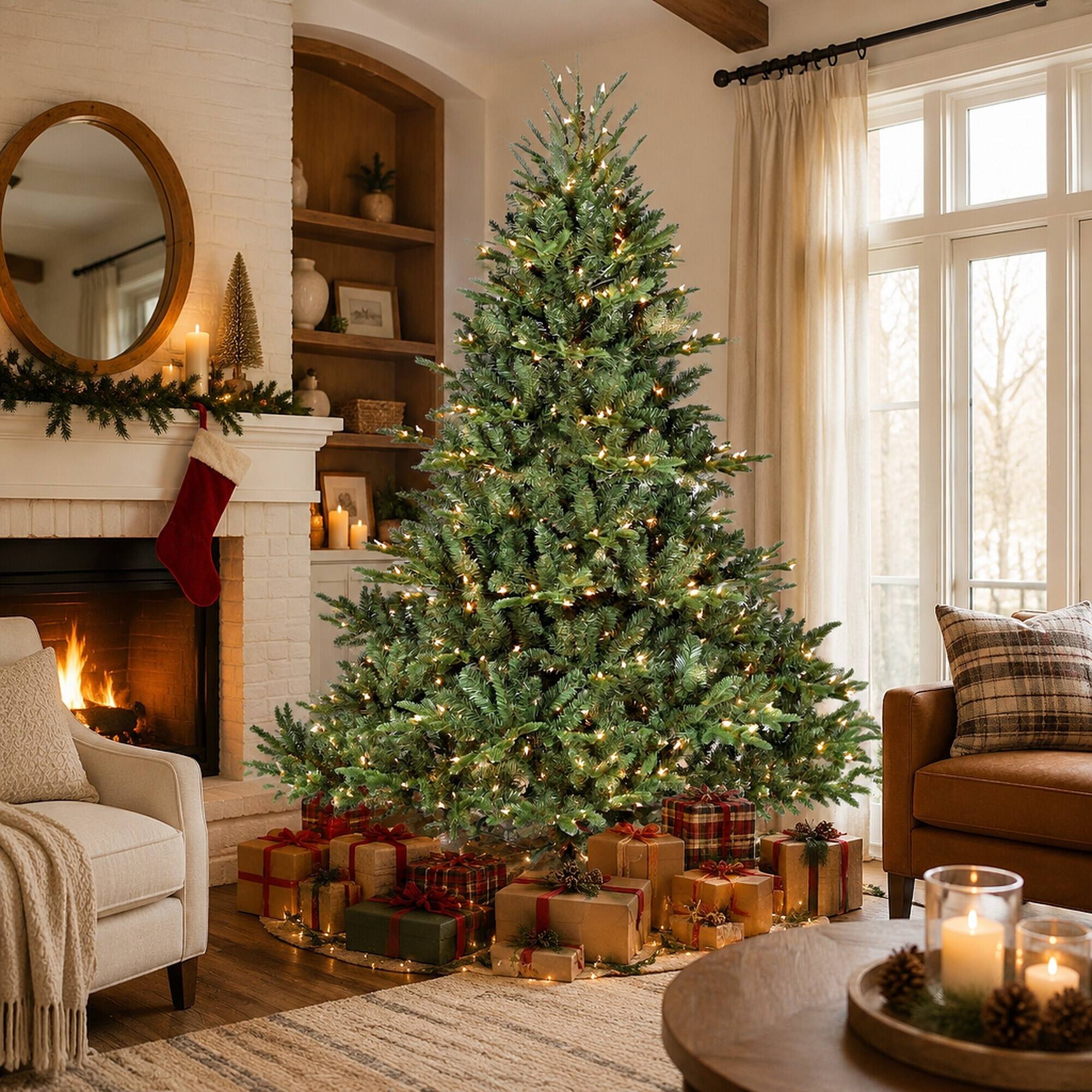 Angle. RYHNUYNE - 7FT Full-Shape Pre-Lit Christmas Tree, 750 Lights 2257 Tips PE/PVC Mixed Branches Wide Base Stable Metal Stand - Green.